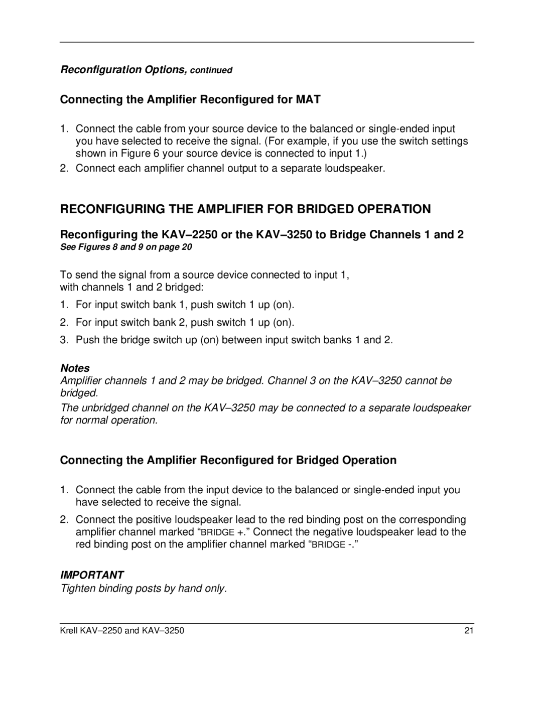Krell Industries KAV 3250 Reconfiguring the Amplifier for Bridged Operation, Connecting the Amplifier Reconfigured for MAT 