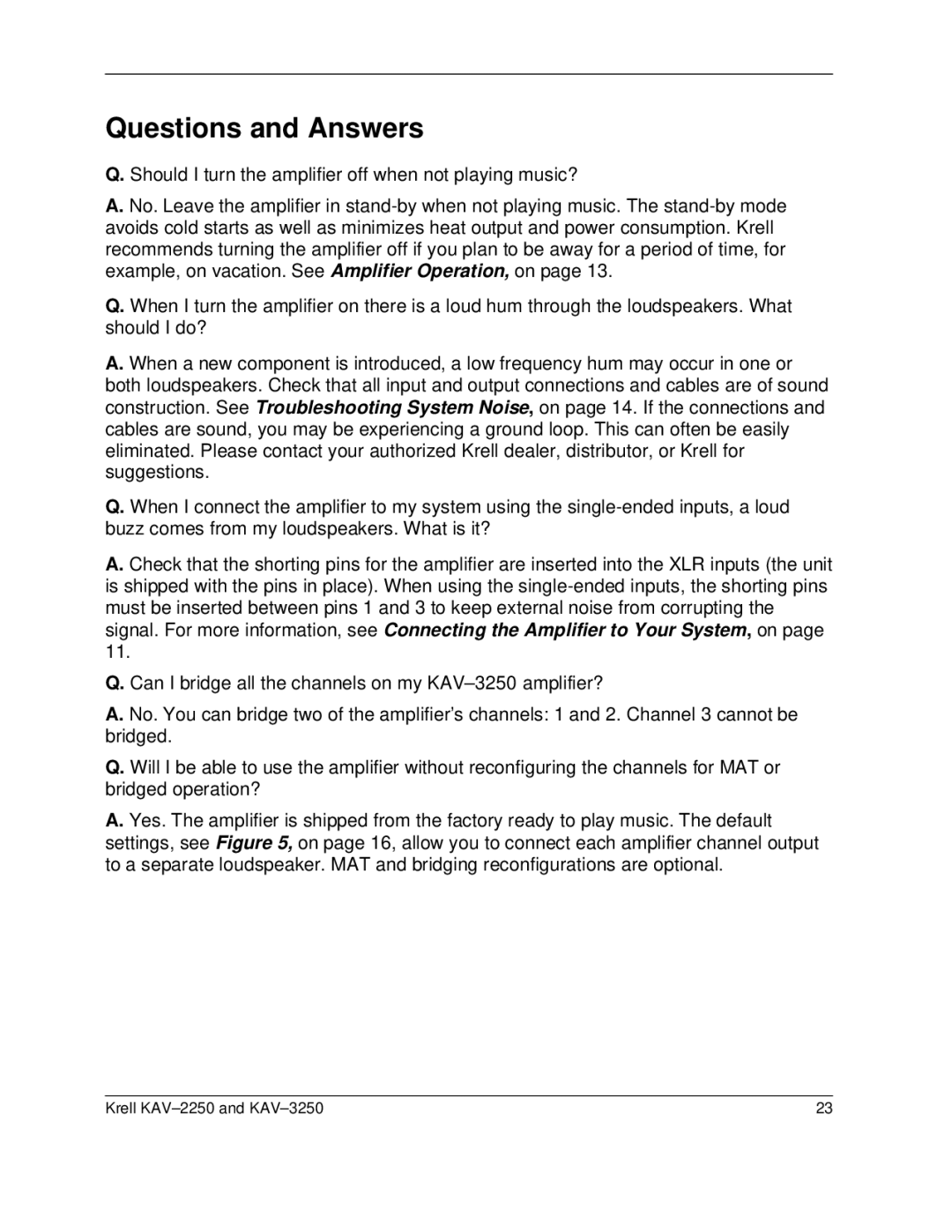 Krell Industries KAV 3250, KAV2250 manual Questions and Answers, Connecting the Amplifier to Your System 