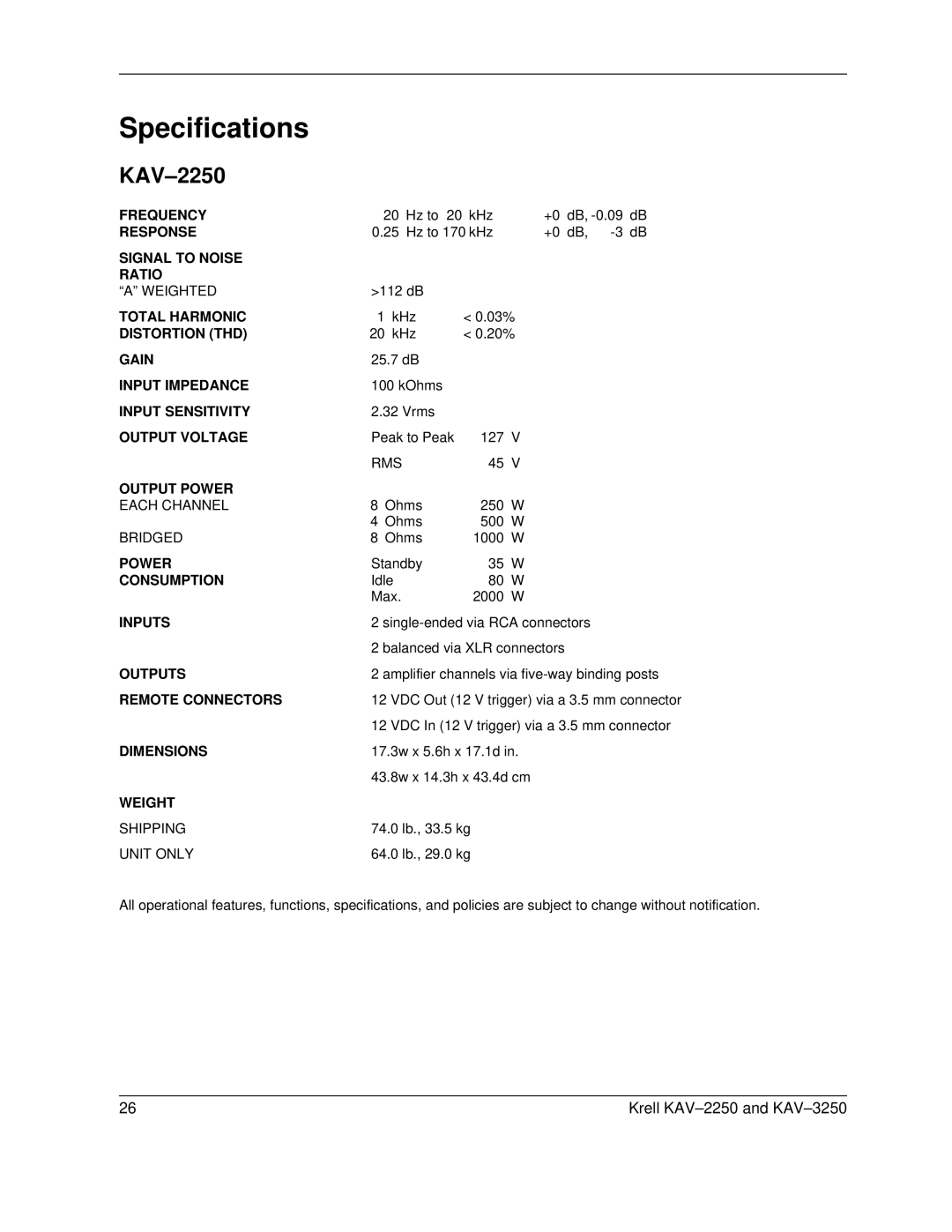 Krell Industries KAV2250, KAV 3250 manual Specifications, KAV-2250 