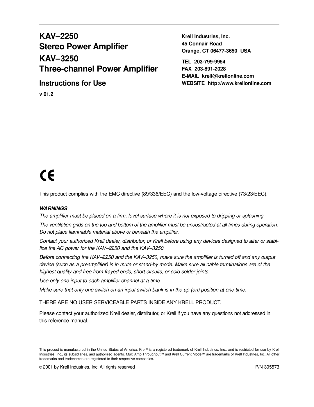 Krell Industries KAV2250 Instructions for Use, KAV-2250 Stereo Power Amplifier, KAV-3250, Three-channel Power Amplifier 