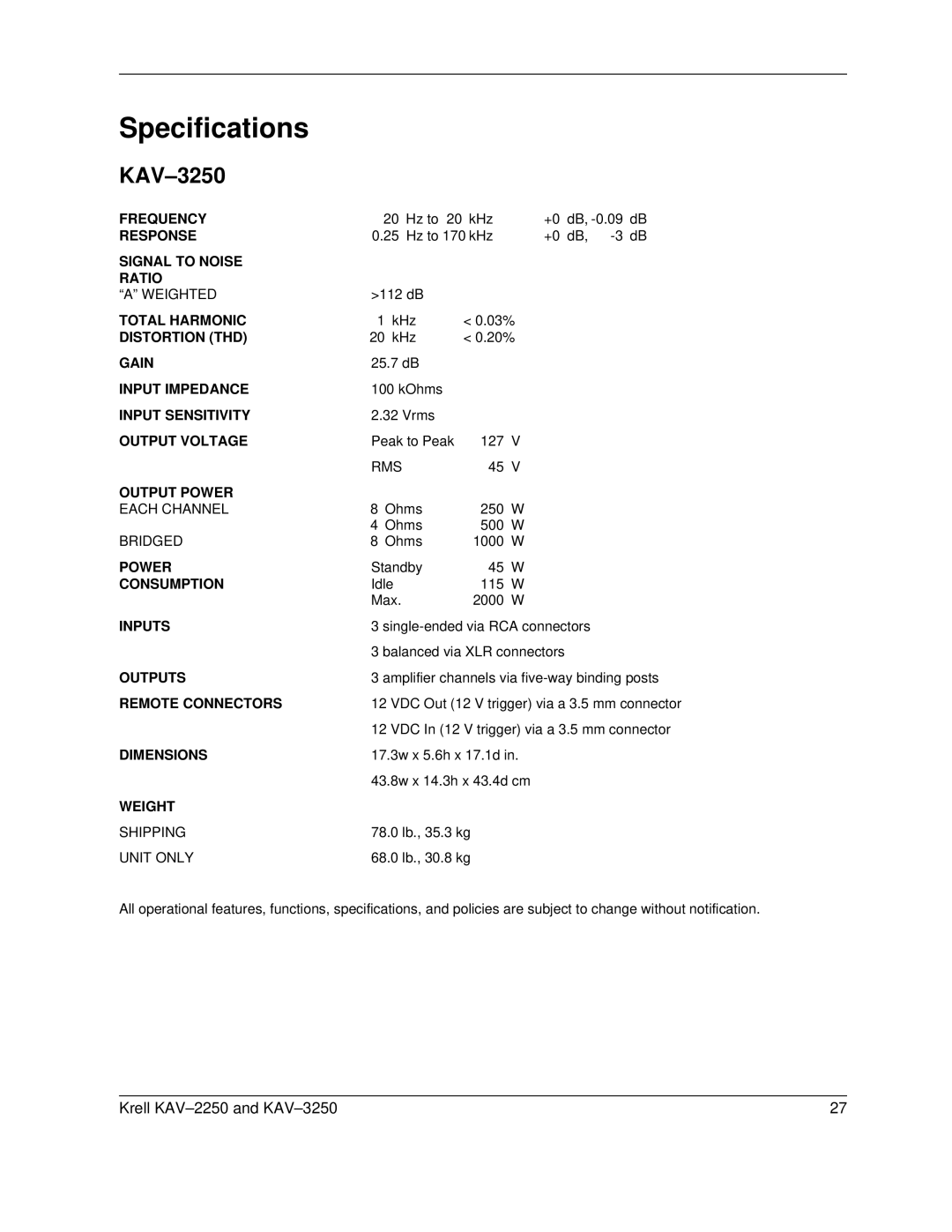 Krell Industries KAV 3250, KAV2250 manual Specifications, Krell KAV-2250 and KAV-3250, 17.3w x 5.6h x 17.1d in 