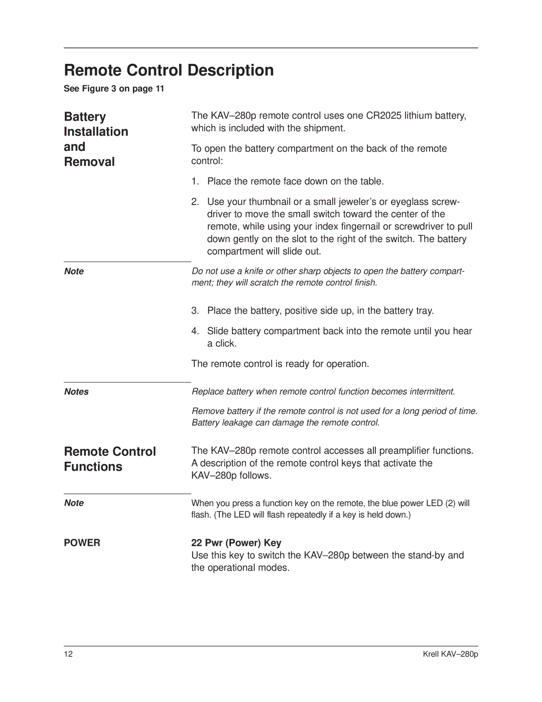 Krell Industries KAV280p manual Remote Control Description, Battery Installation and Removal, Remote Control Functions 