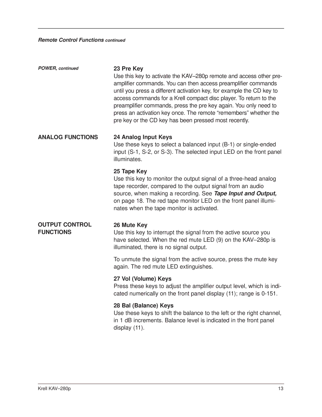 Krell Industries KAV280p manual Analog Functions 