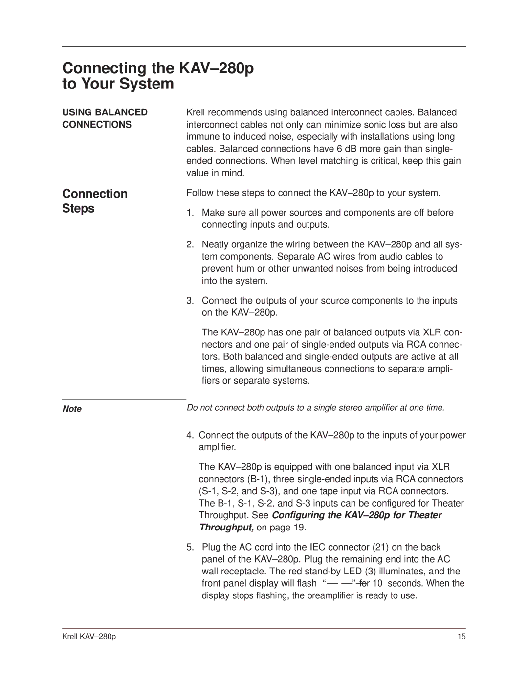 Krell Industries KAV280p manual Connecting the KAV-280p to Your System, Connection Steps, Using Balanced Connections 