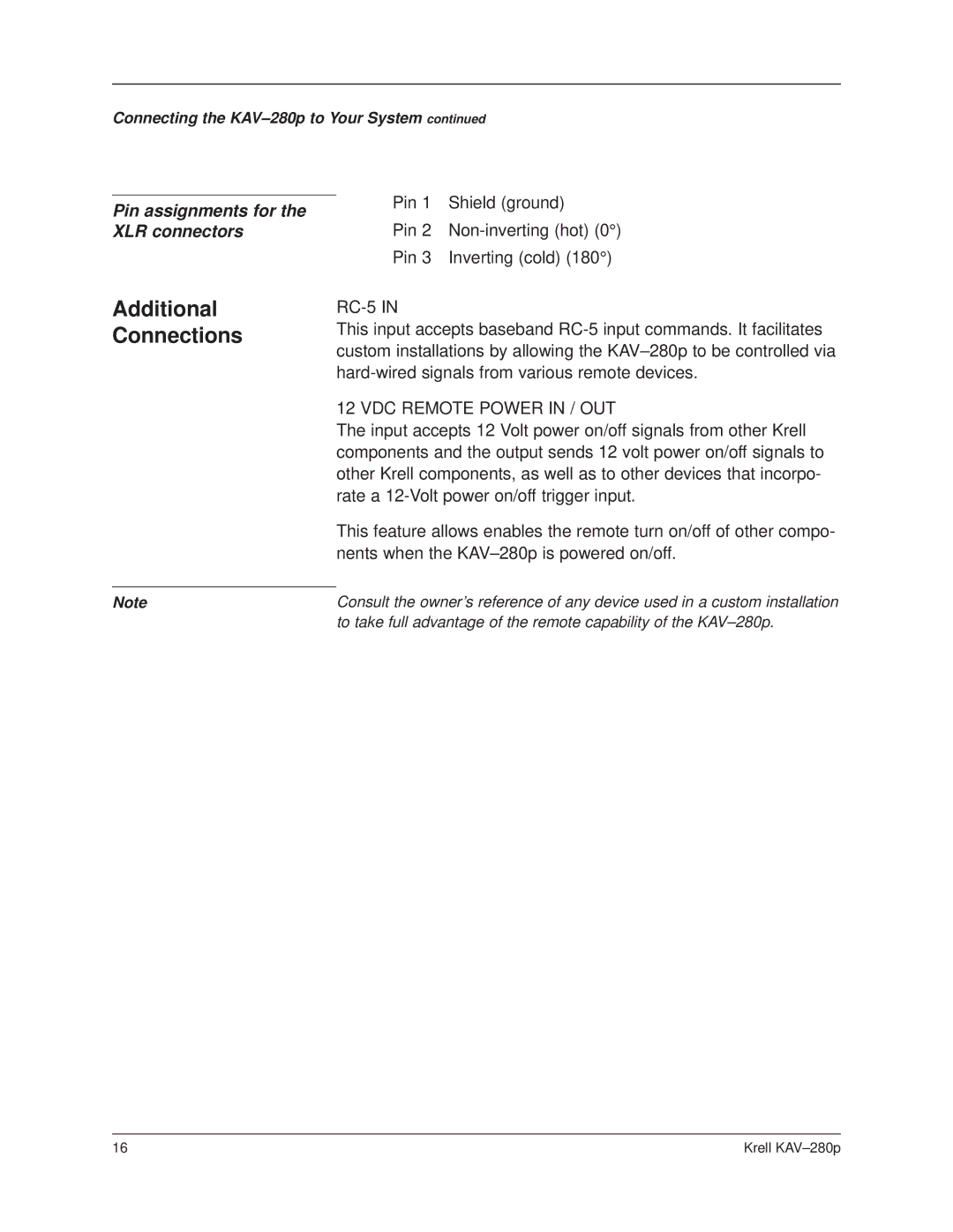Krell Industries KAV280p manual Additional Connections, RC-5, VDC Remote Power in / OUT 