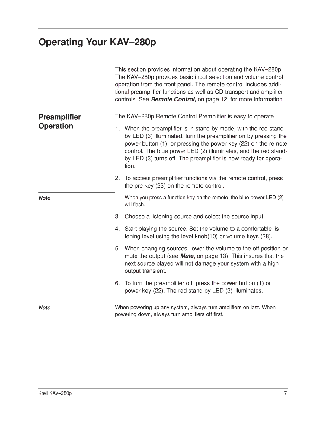 Krell Industries KAV280p manual Operating Your KAV-280p, Preamplifier Operation 