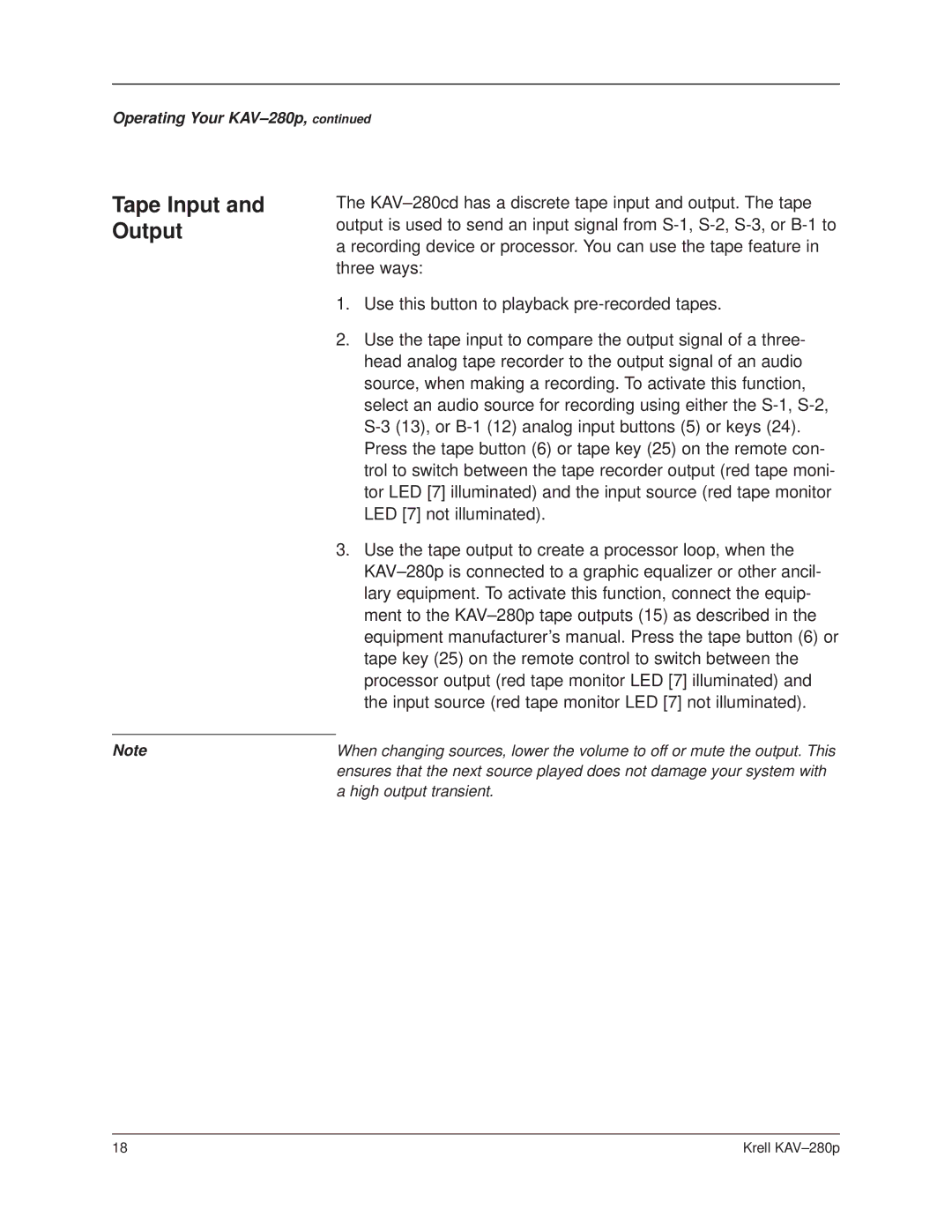 Krell Industries KAV280p manual Tape Input and Output 