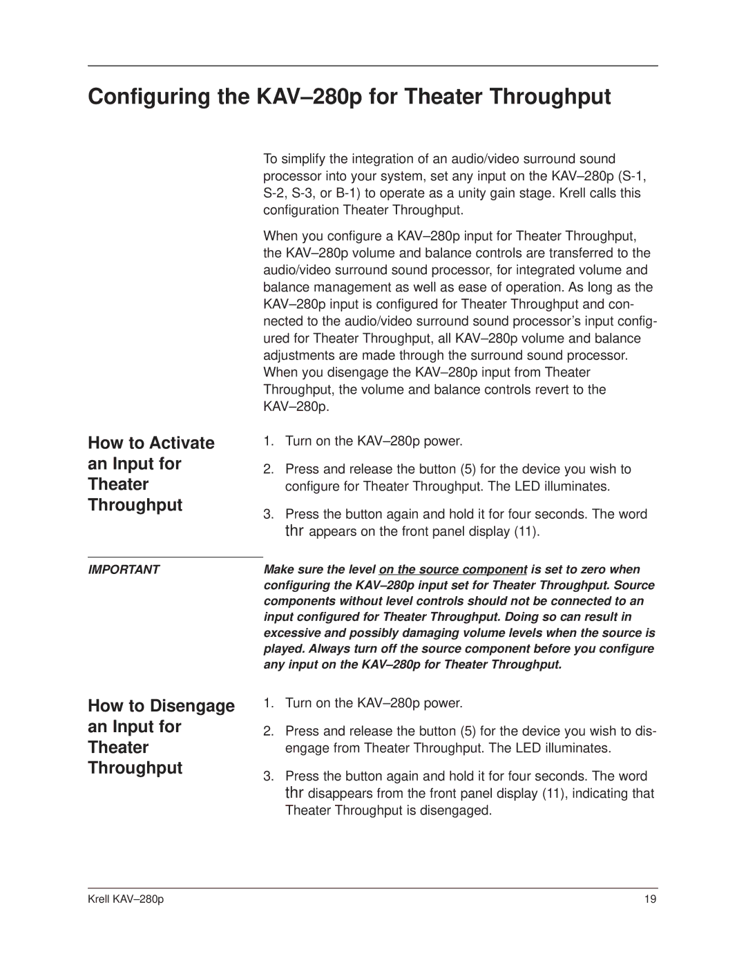 Krell Industries KAV280p Configuring the KAV-280p for Theater Throughput, How to Activate an Input for Theater Throughput 