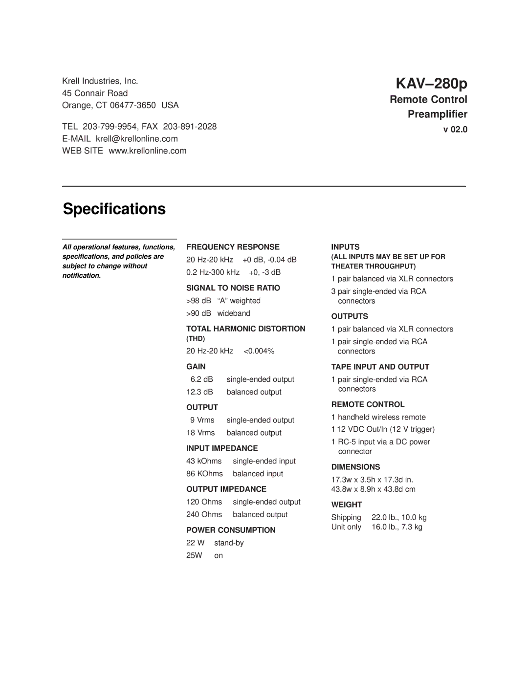 Krell Industries KAV280p manual Specifications 