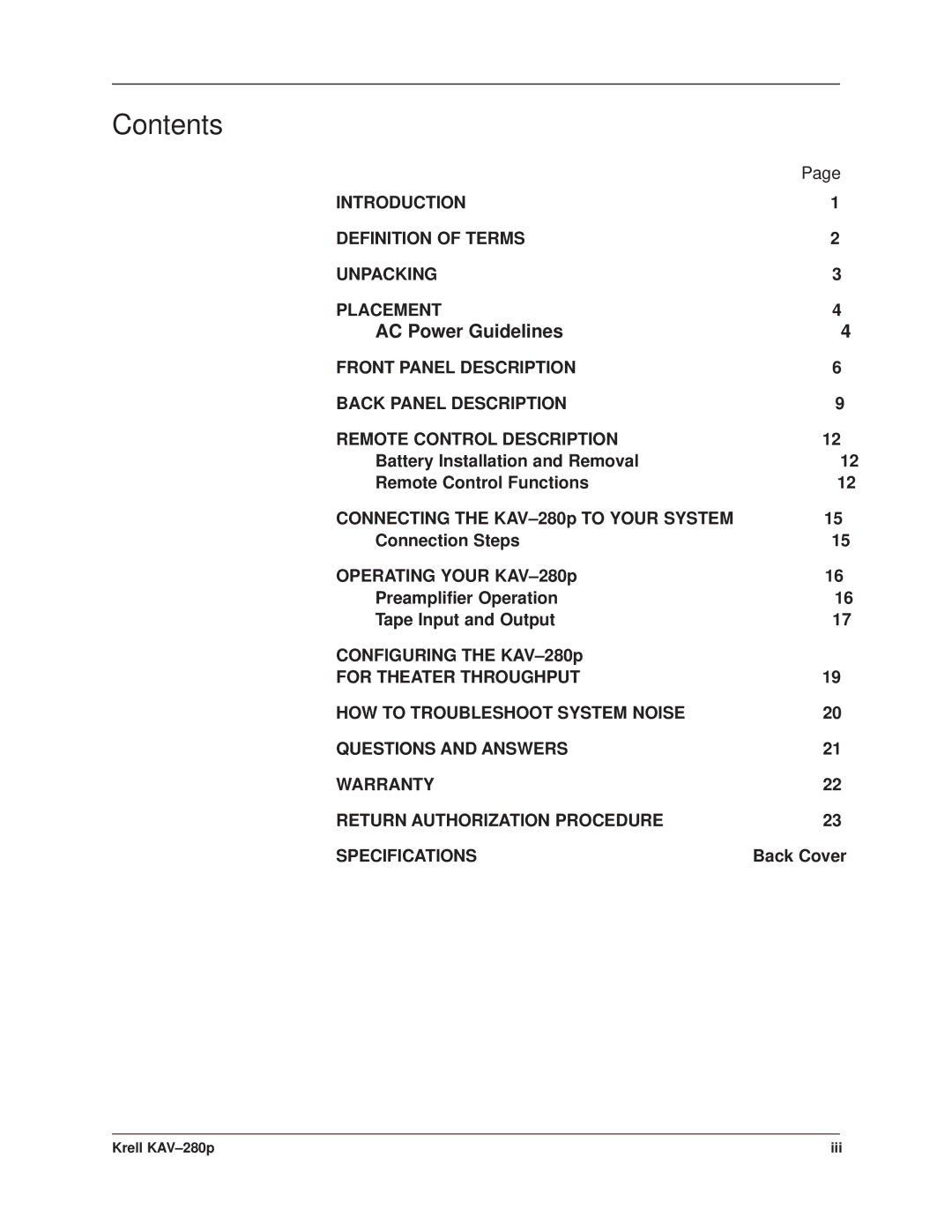 Krell Industries KAV280p manual Contents 