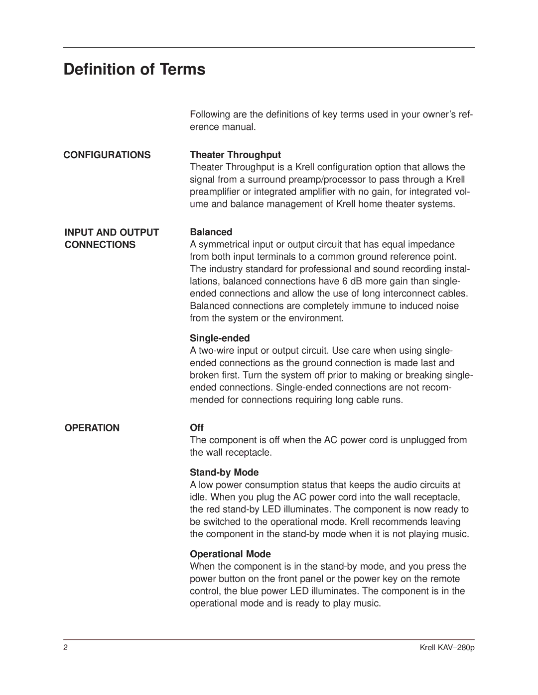 Krell Industries KAV280p manual Definition of Terms, Configurations, Operation 