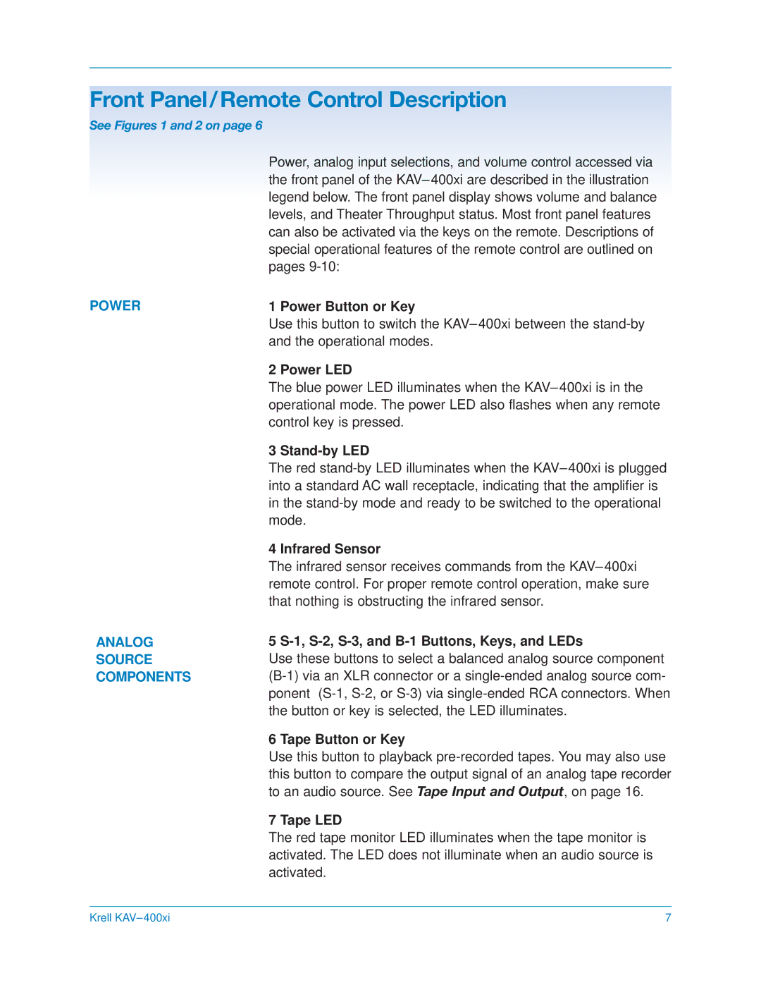 Krell Industries KAV400xi manual Front Panel/Remote Control Description, Power Analog 