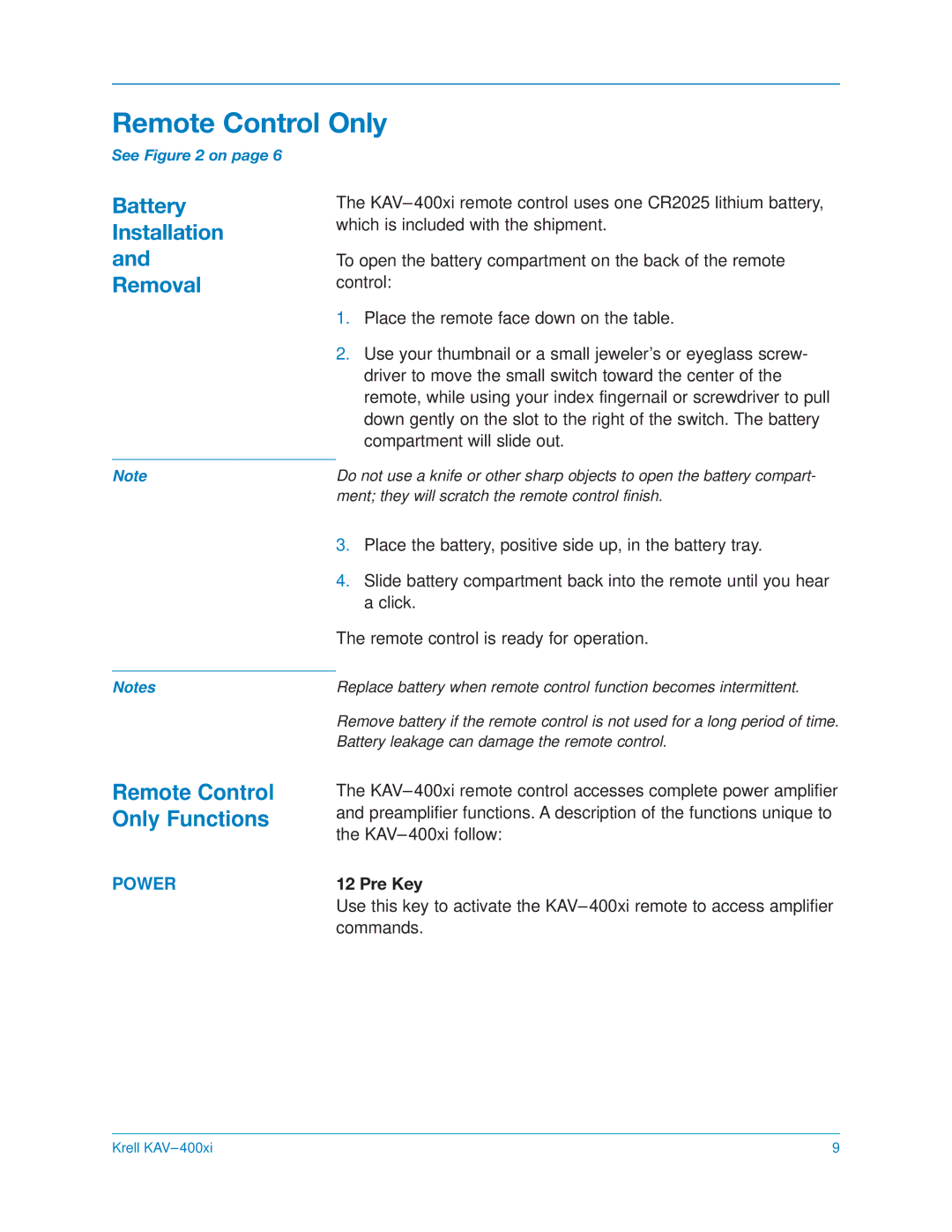 Krell Industries KAV400xi manual Battery Installation and Removal, Remote Control Only Functions, Power, Pre Key 