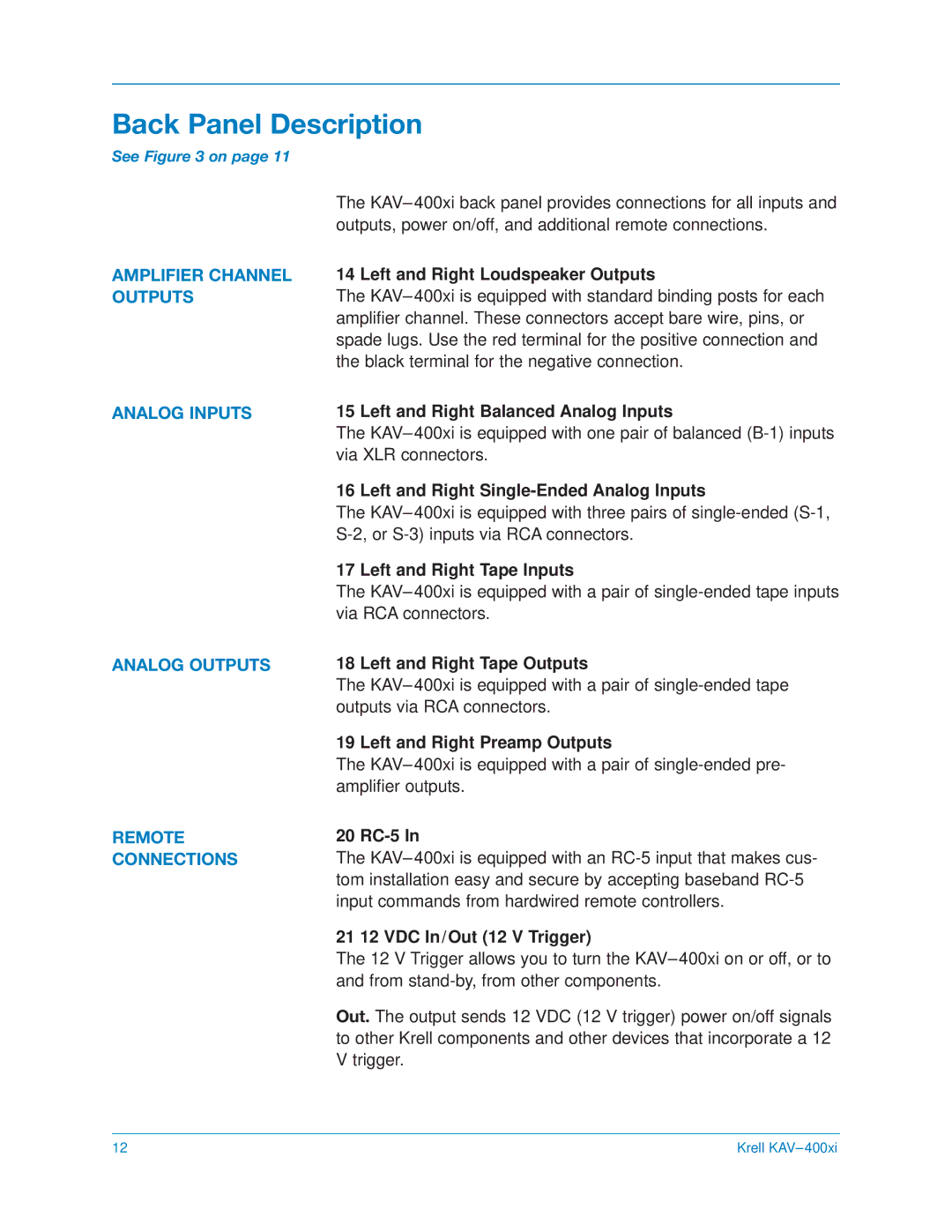 Krell Industries KAV400xi manual Back Panel Description, Amplifier Channel Outputs 