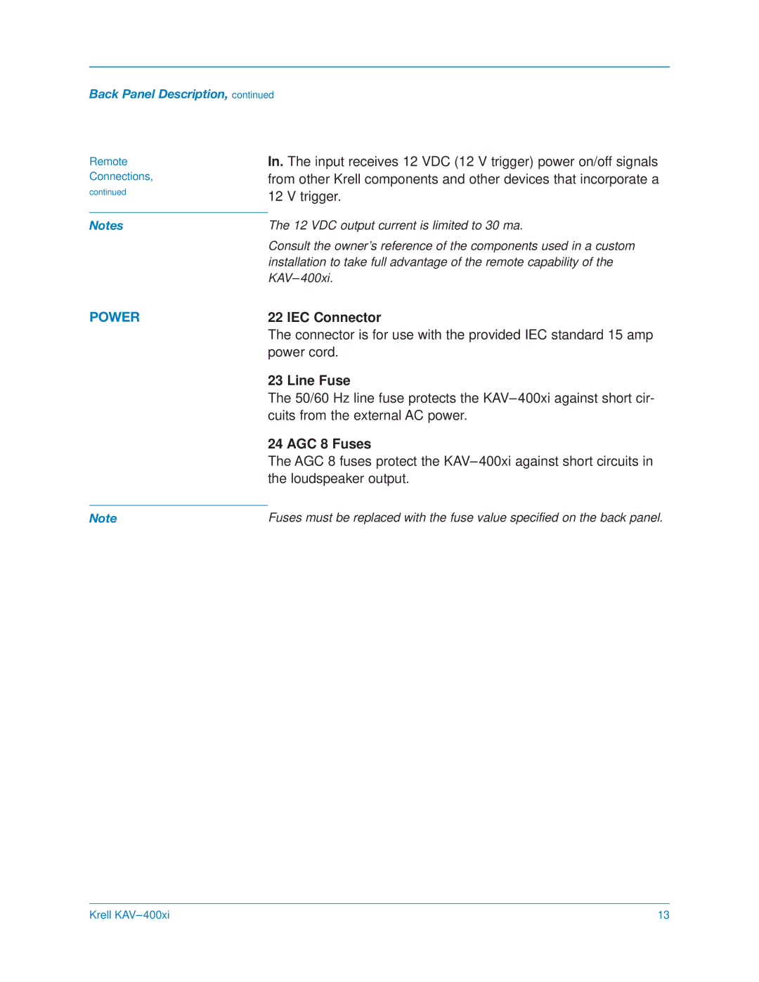 Krell Industries KAV400xi manual IEC Connector, Line Fuse, AGC 8 Fuses 