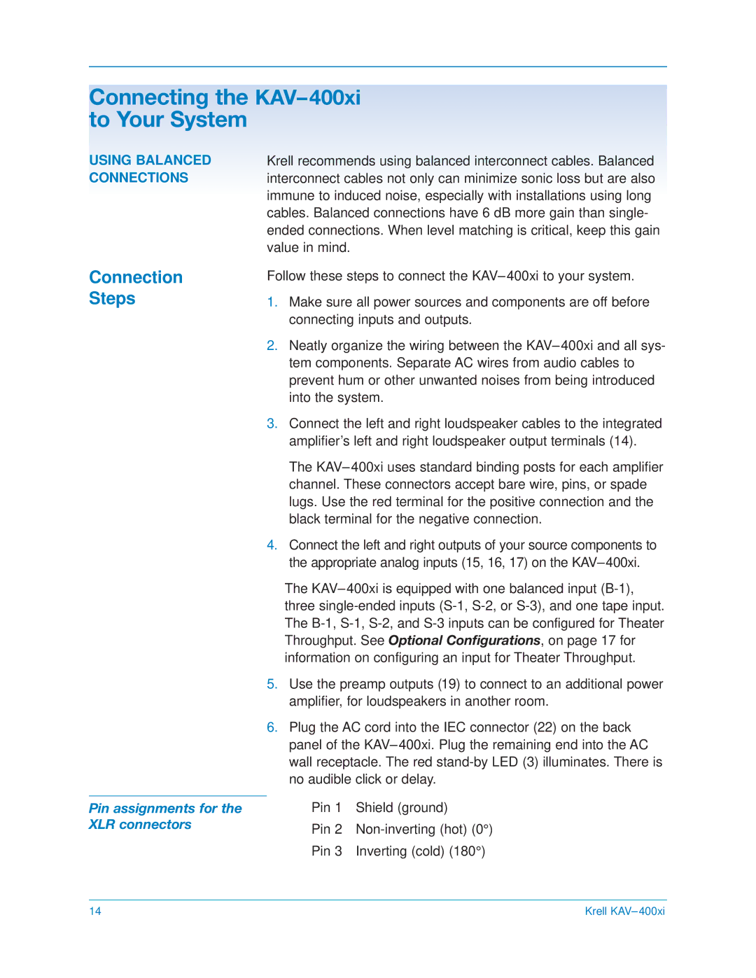 Krell Industries KAV400xi manual Connection Steps, Using Balanced Connections 