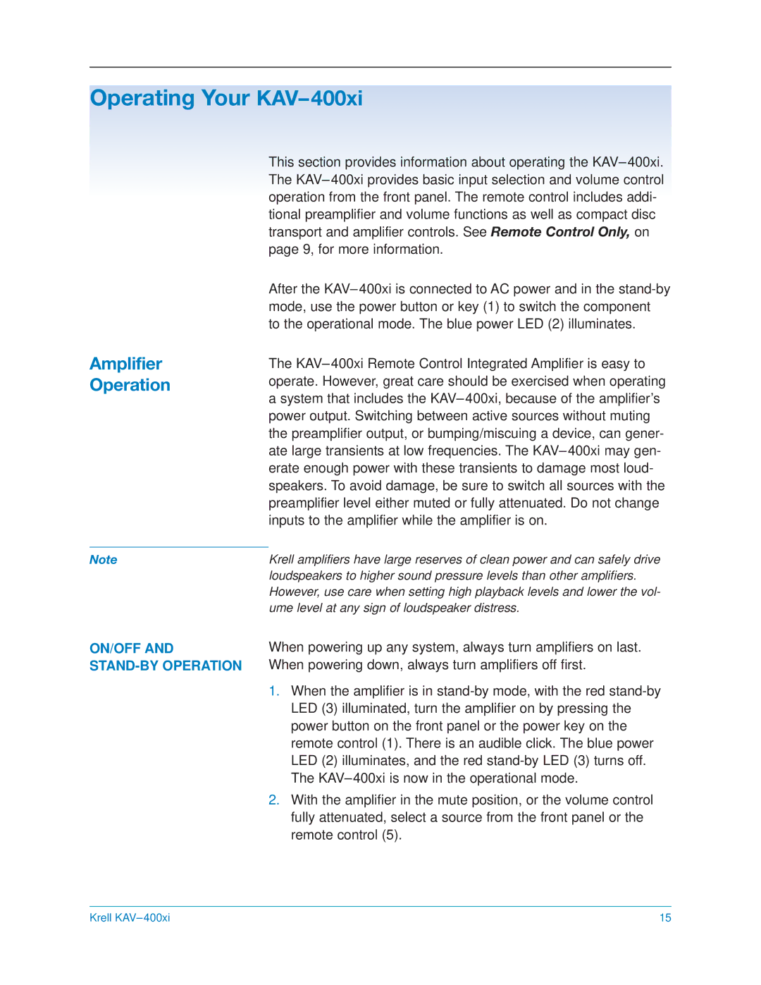 Krell Industries KAV400xi manual Operating Your KAV-400xi, Amplifier Operation 