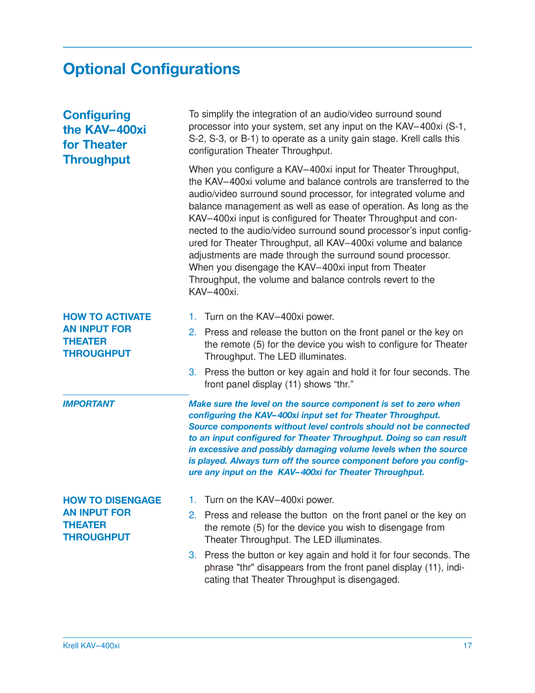 Krell Industries KAV400xi manual Optional Configurations, HOW to Activate AN Input for Theater Throughput 