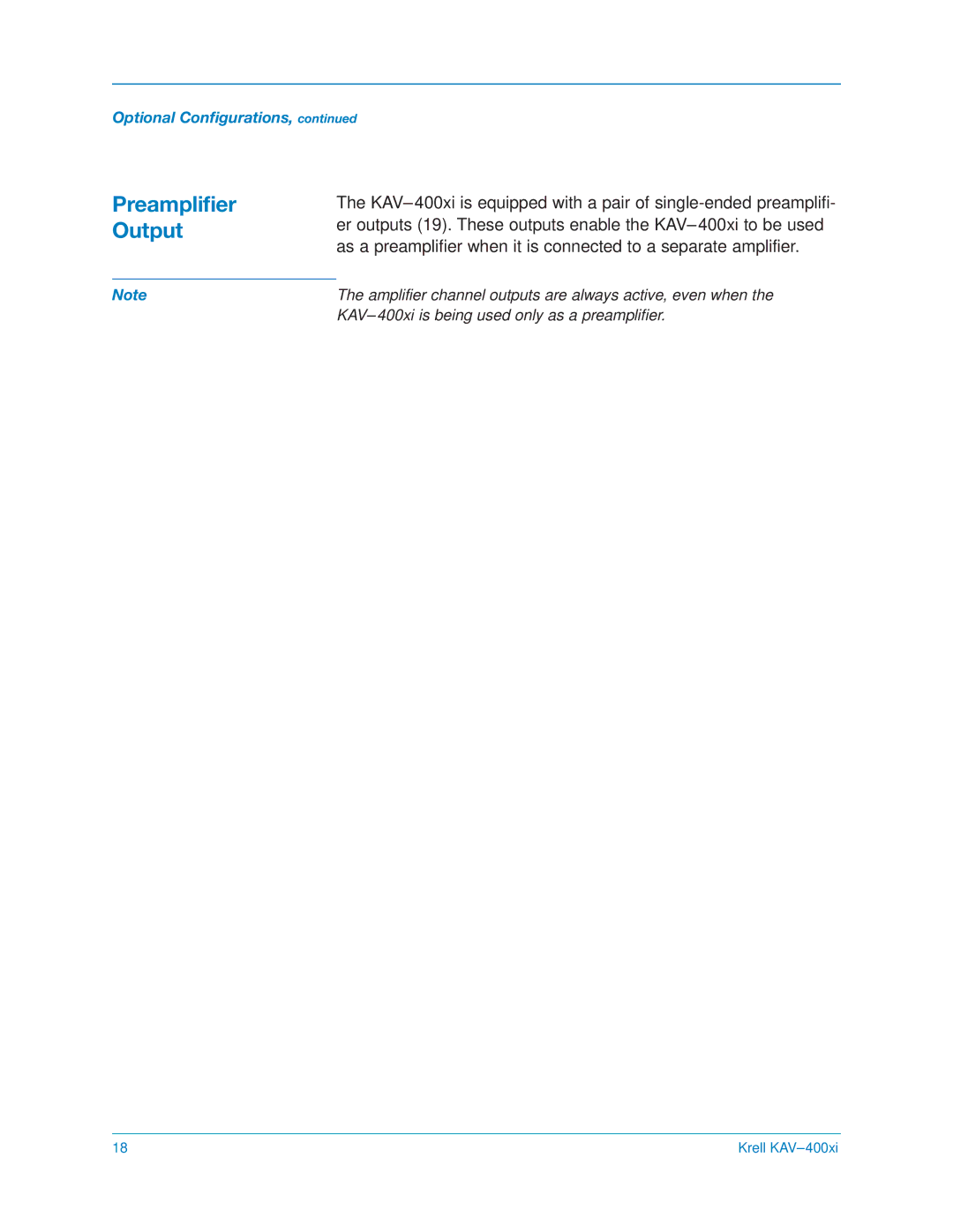Krell Industries KAV400xi manual Preamplifier Output 
