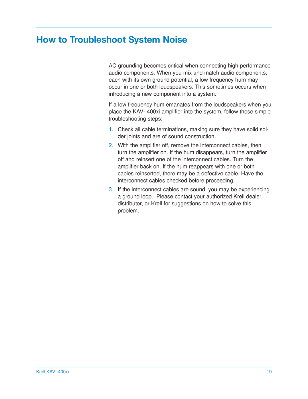 Krell Industries KAV400xi manual How to Troubleshoot System Noise 