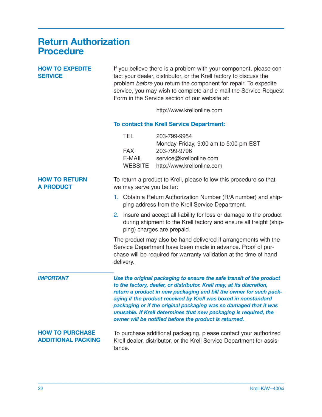 Krell Industries KAV400xi manual Return Authorization Procedure 