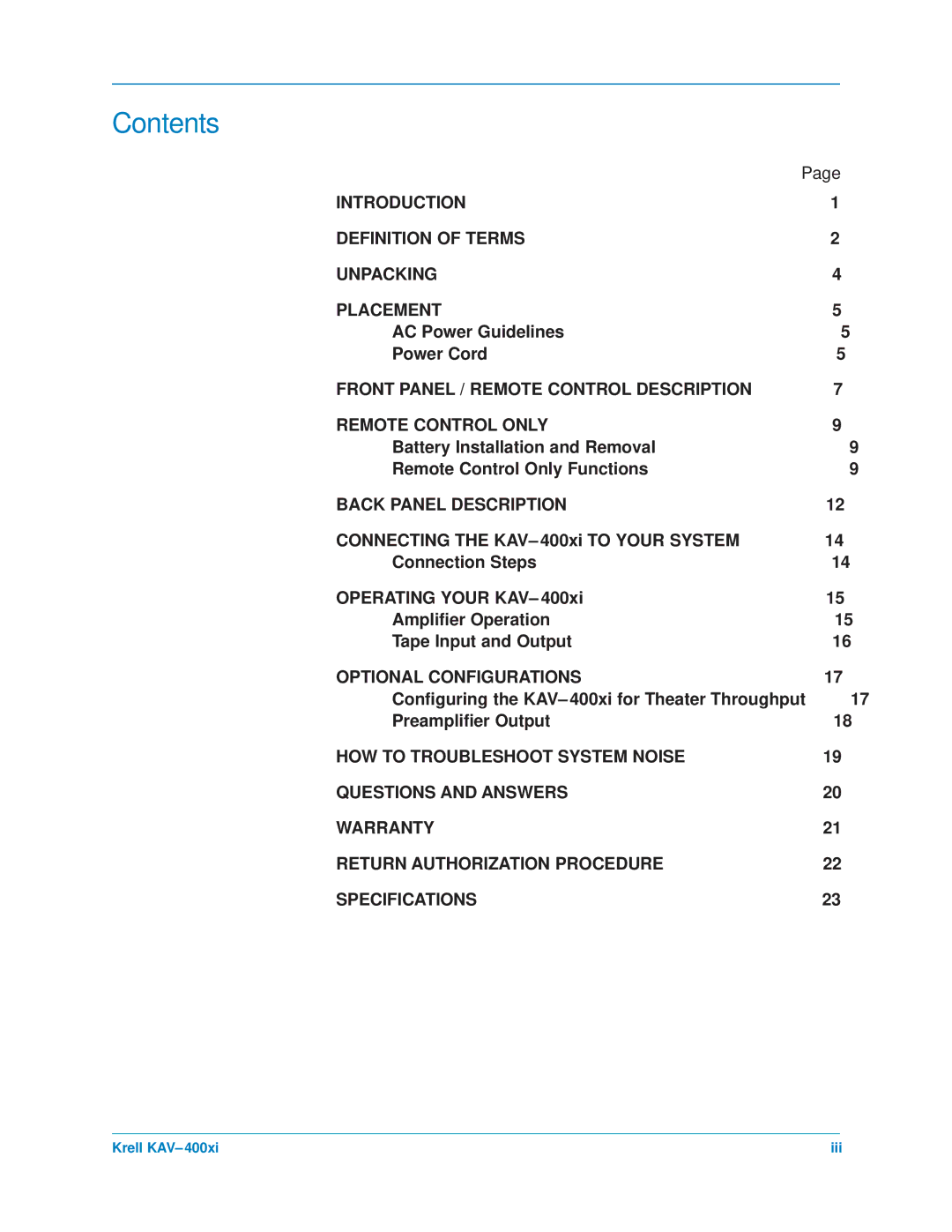 Krell Industries KAV400xi manual Contents 