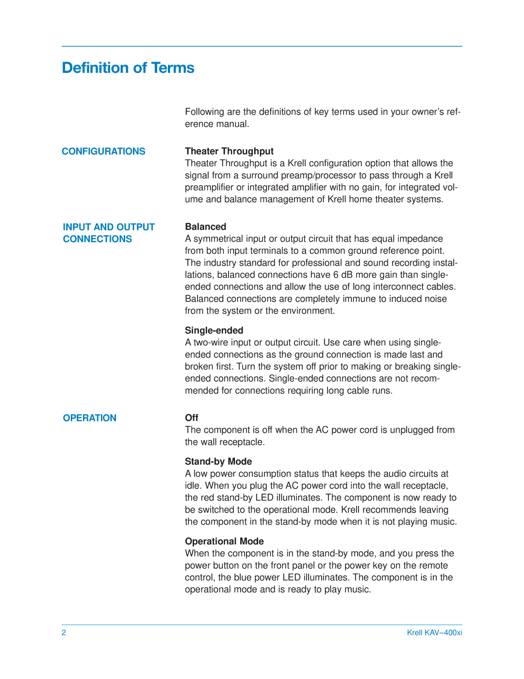 Krell Industries KAV400xi manual Definition of Terms, Configurations, Operation 