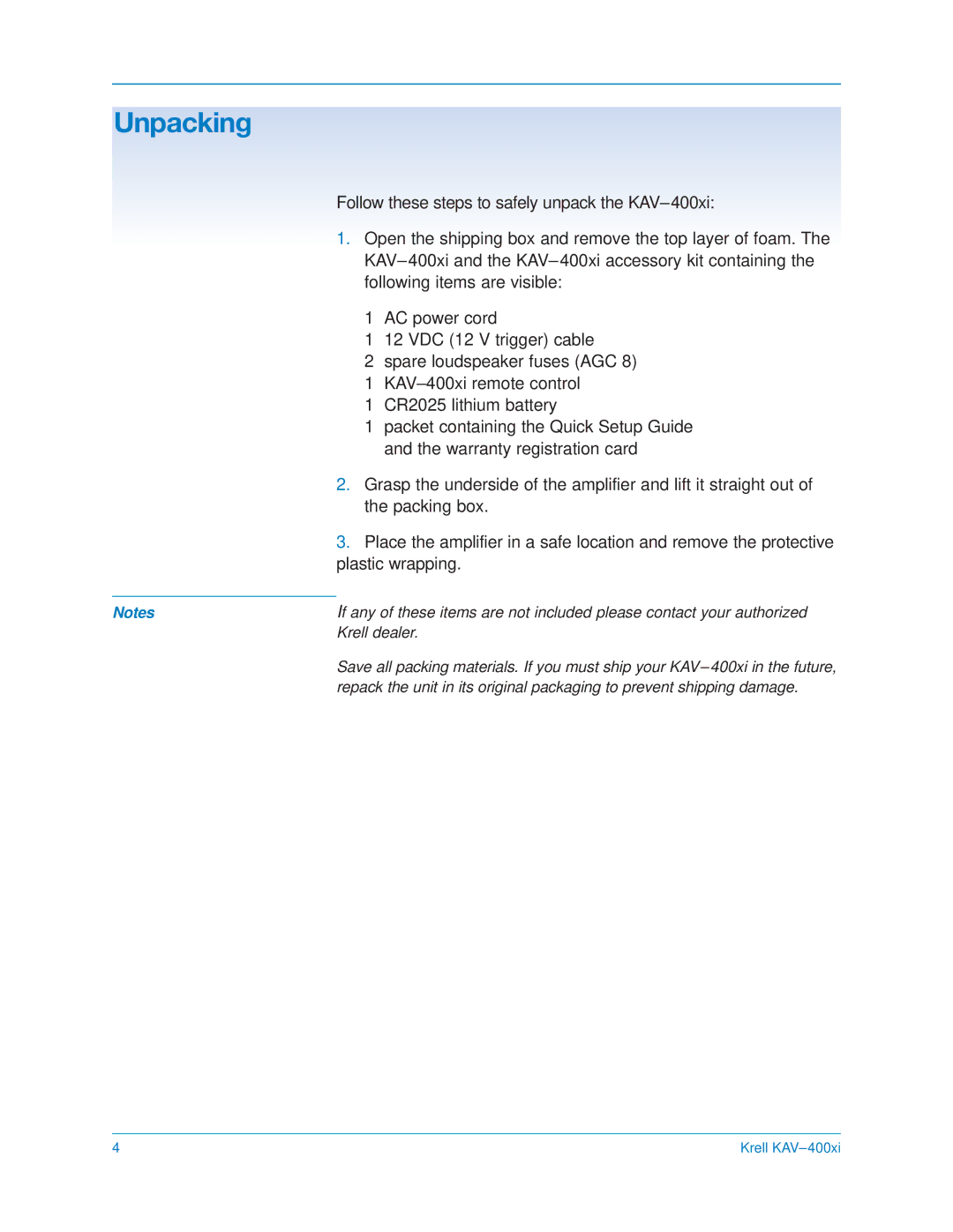 Krell Industries KAV400xi manual Unpacking, Plastic wrapping 