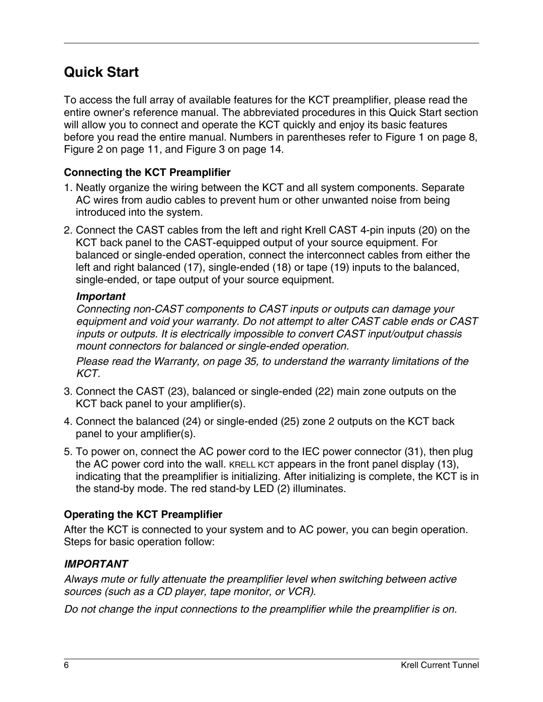 Krell Industries manual Quick Start, Connecting the KCT Preamplifier, Operating the KCT Preamplifier 