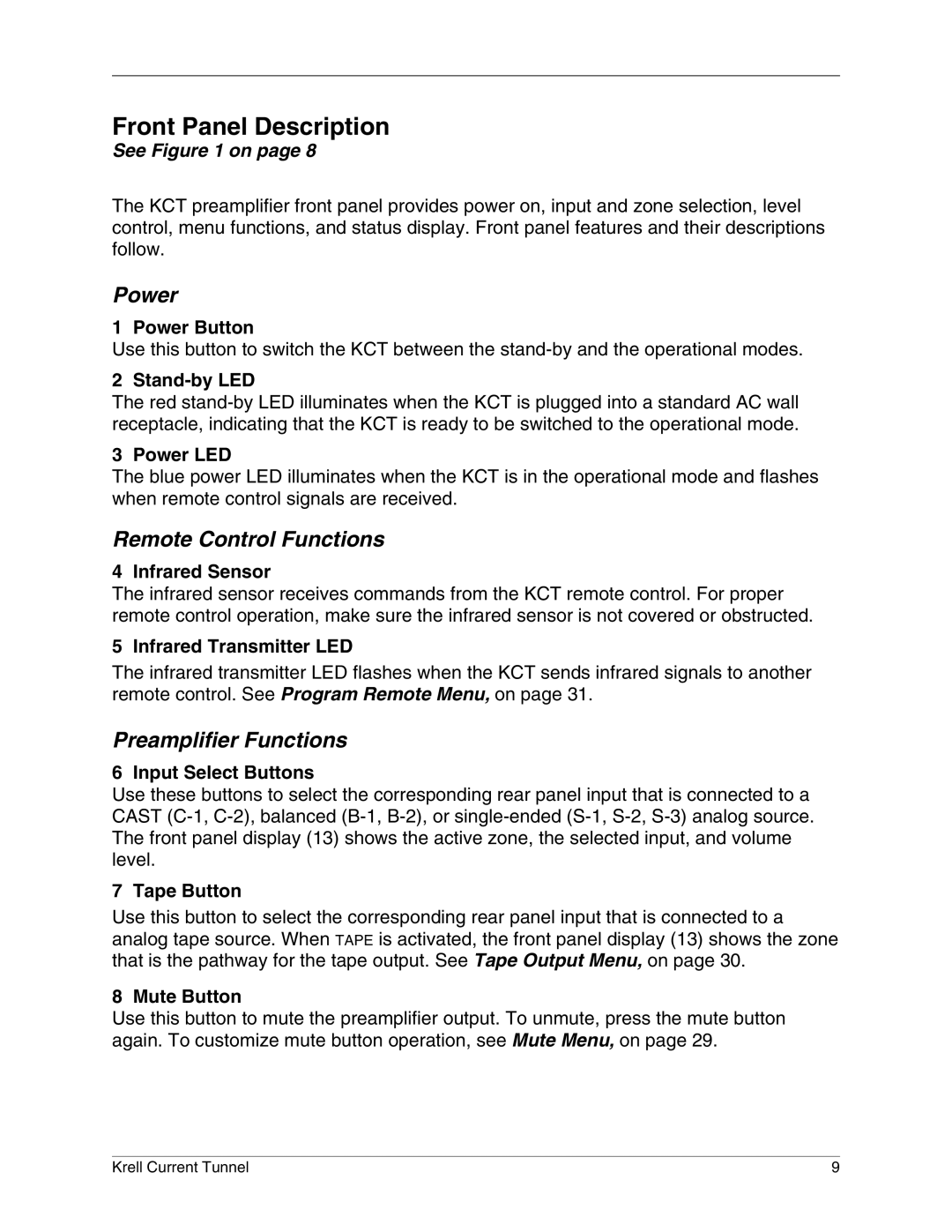 Krell Industries KCT manual Front Panel Description, Power, Remote Control Functions, Preamplifier Functions 