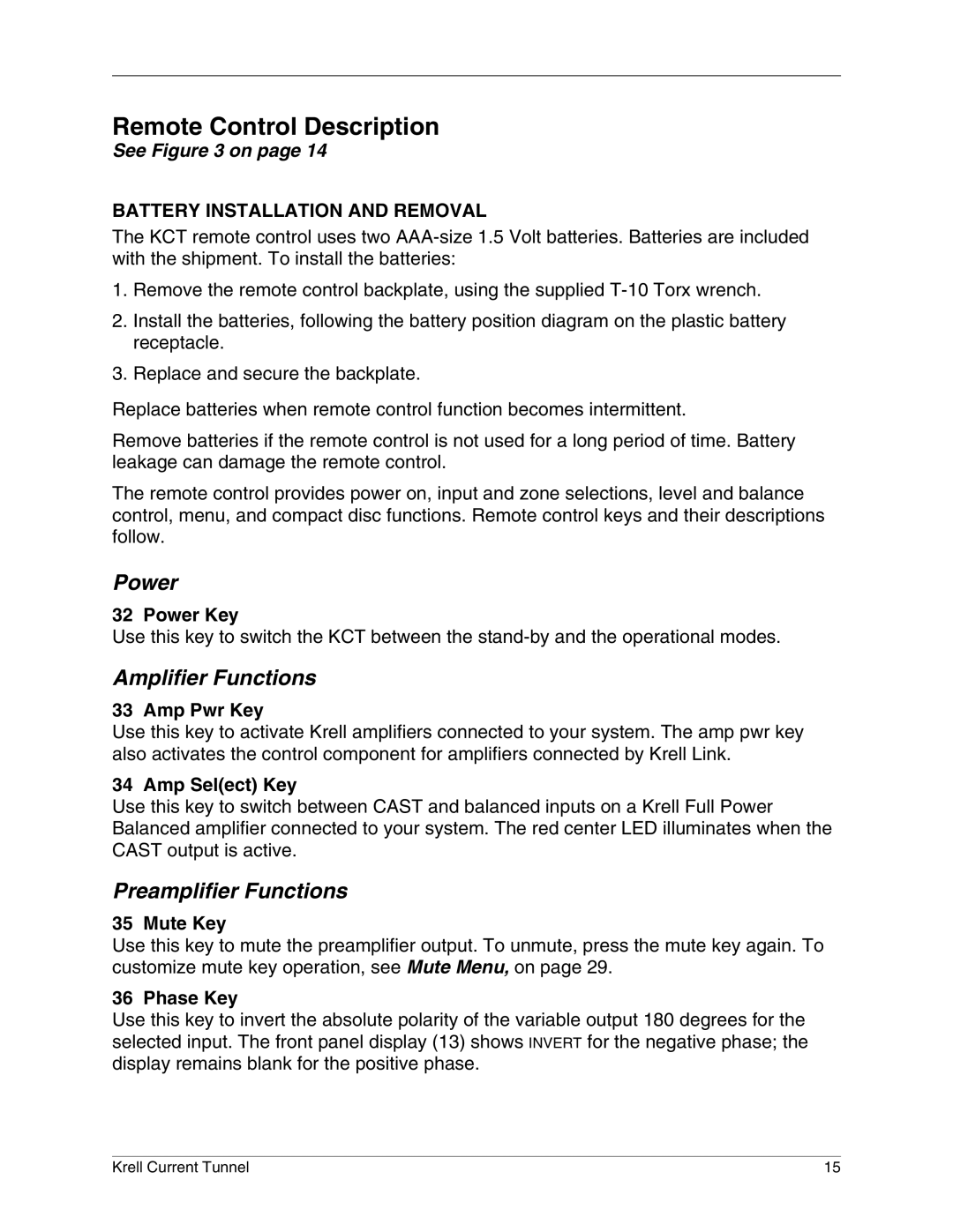 Krell Industries KCT manual Remote Control Description, Amplifier Functions, Battery Installation and Removal 