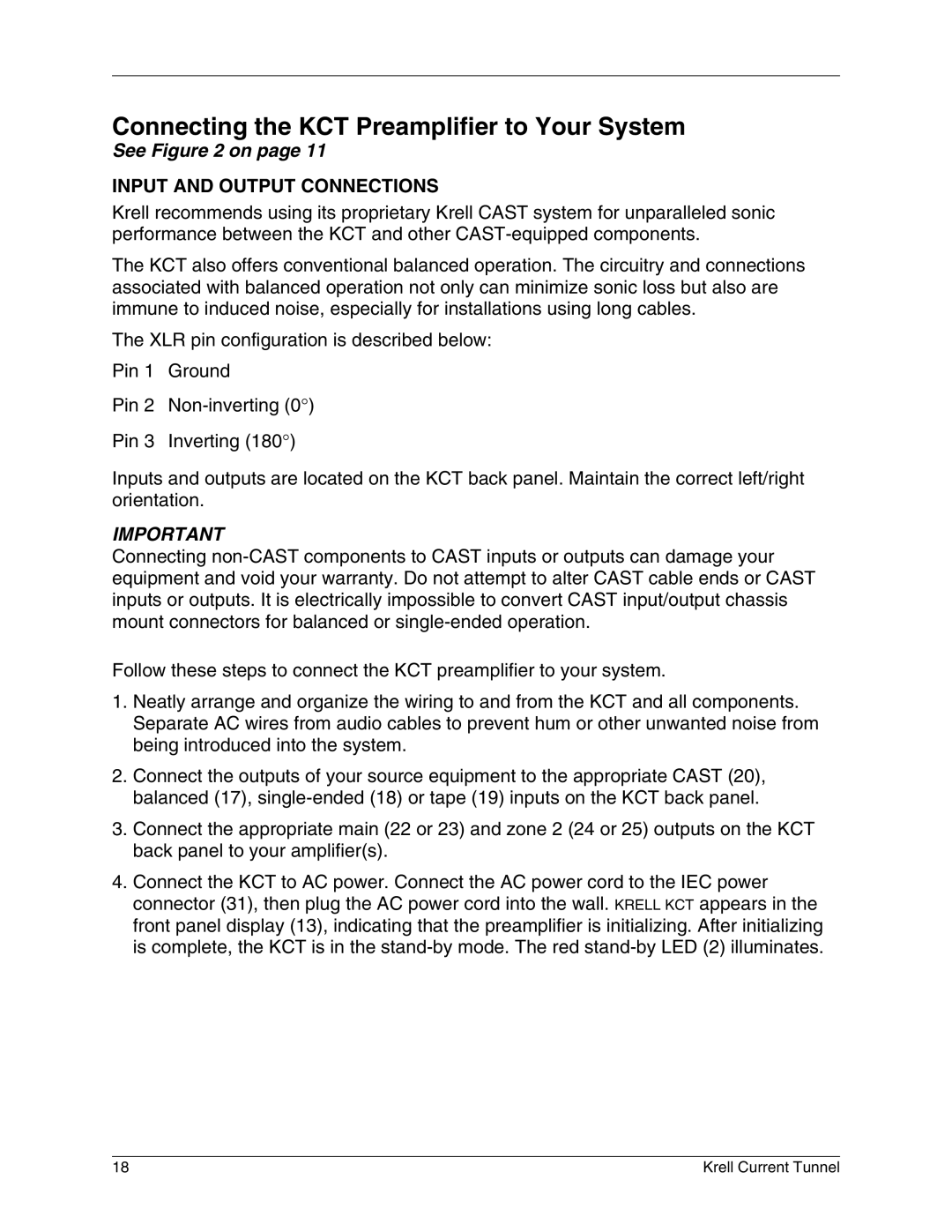 Krell Industries manual Connecting the KCT Preamplifier to Your System, Input and Output Connections 