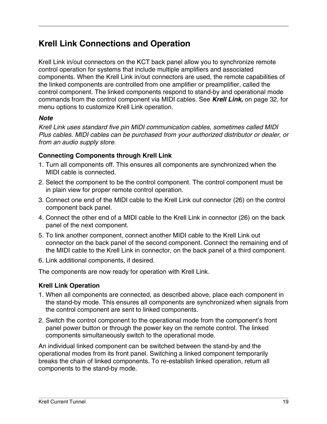 Krell Industries KCT Krell Link Connections and Operation, Connecting Components through Krell Link, Krell Link Operation 