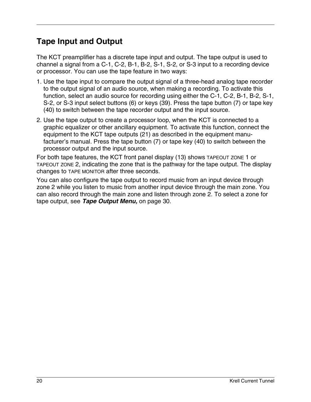 Krell Industries KCT manual Tape Input and Output 