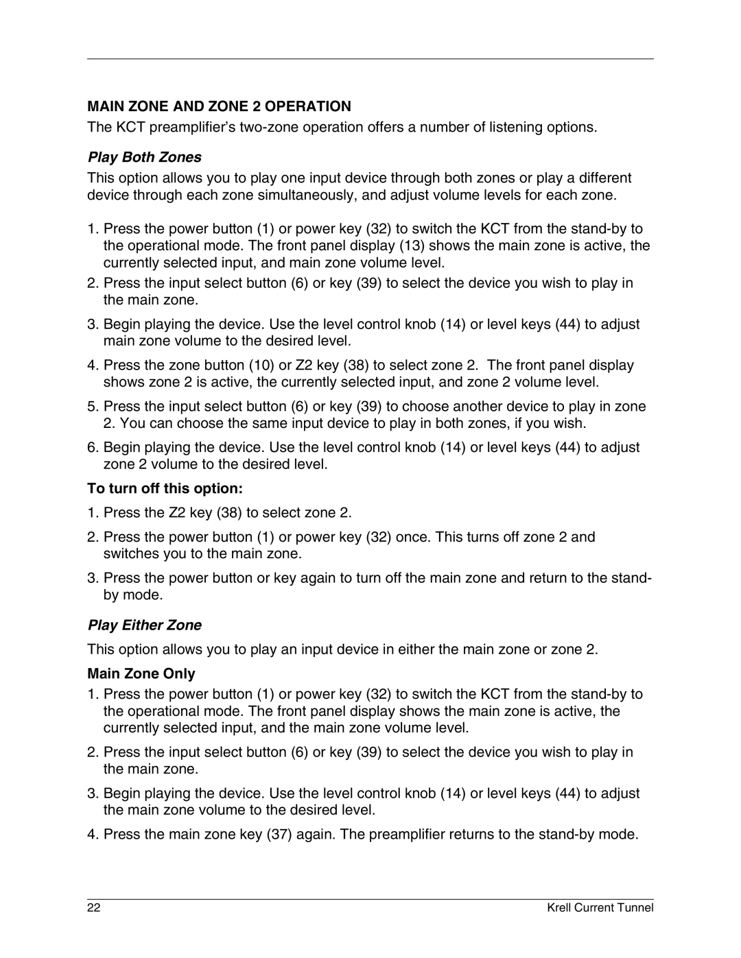 Krell Industries KCT manual Main Zone and Zone 2 Operation, To turn off this option, Main Zone Only 