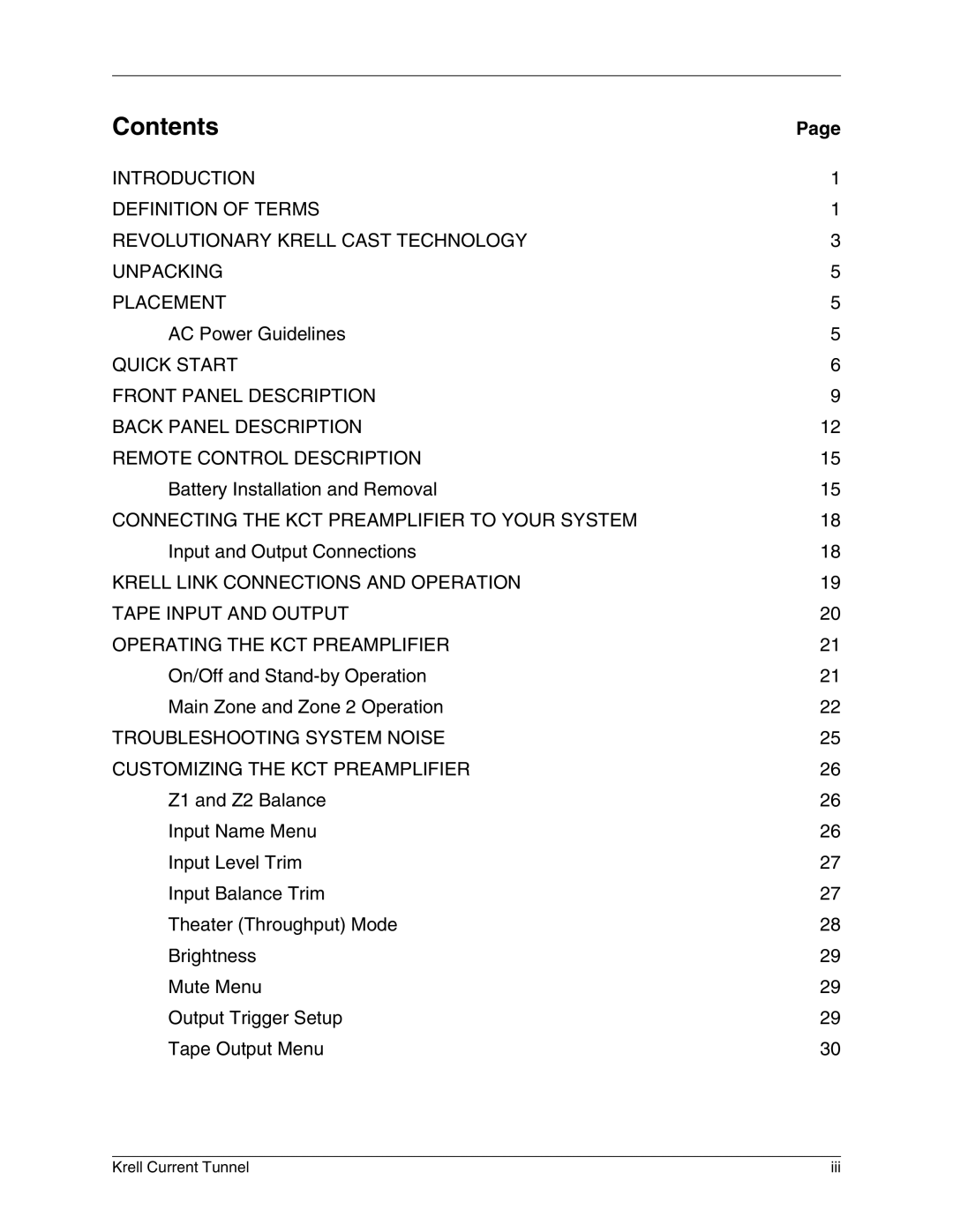 Krell Industries KCT manual Contents 