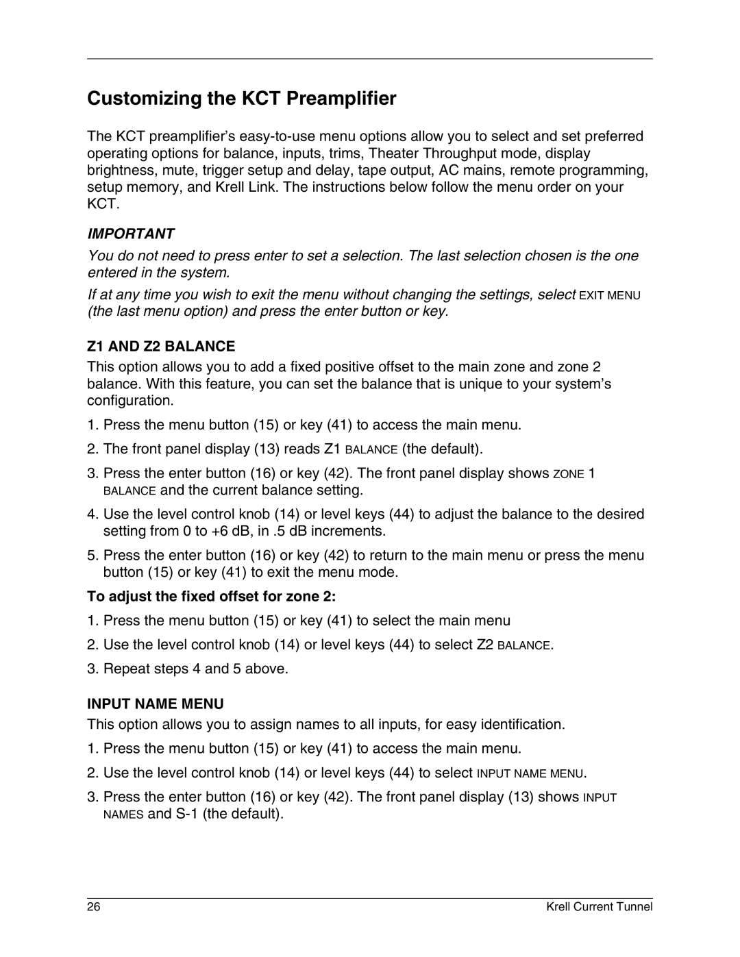 Krell Industries manual Customizing the KCT Preamplifier, Z1 and Z2 Balance, To adjust the fixed offset for zone 