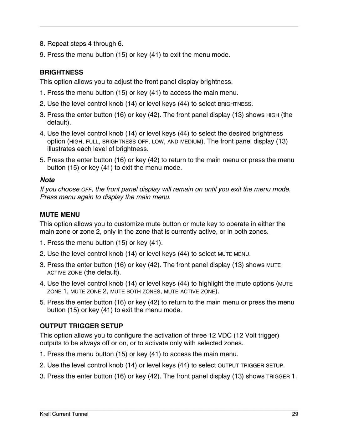 Krell Industries KCT manual Brightness, Mute Menu, Output Trigger Setup 