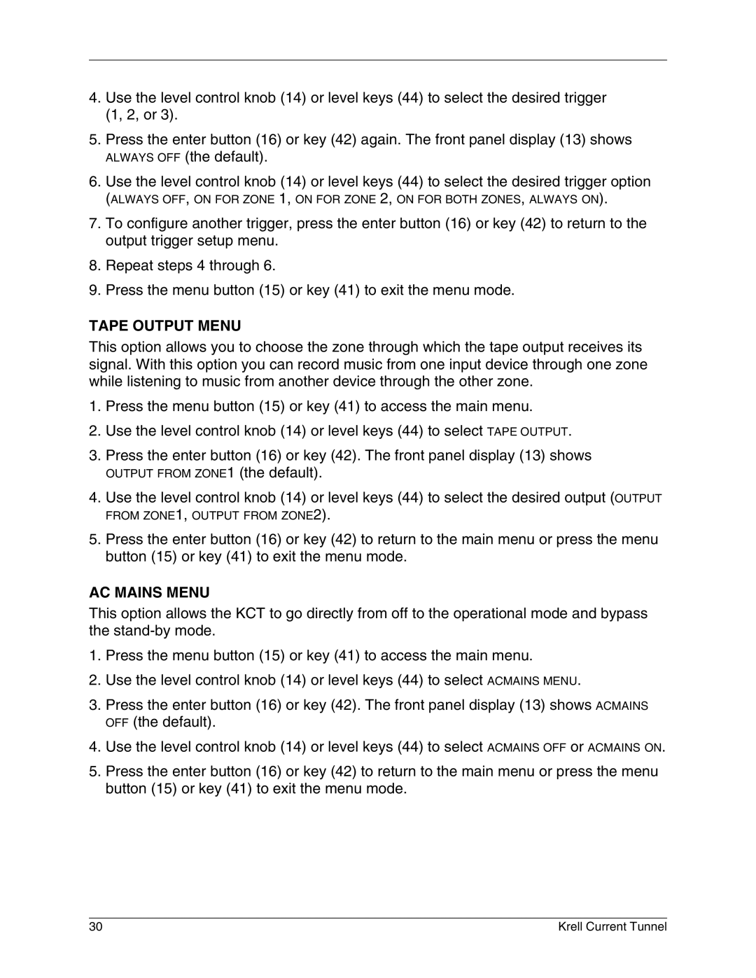 Krell Industries KCT manual Tape Output Menu, AC Mains Menu 