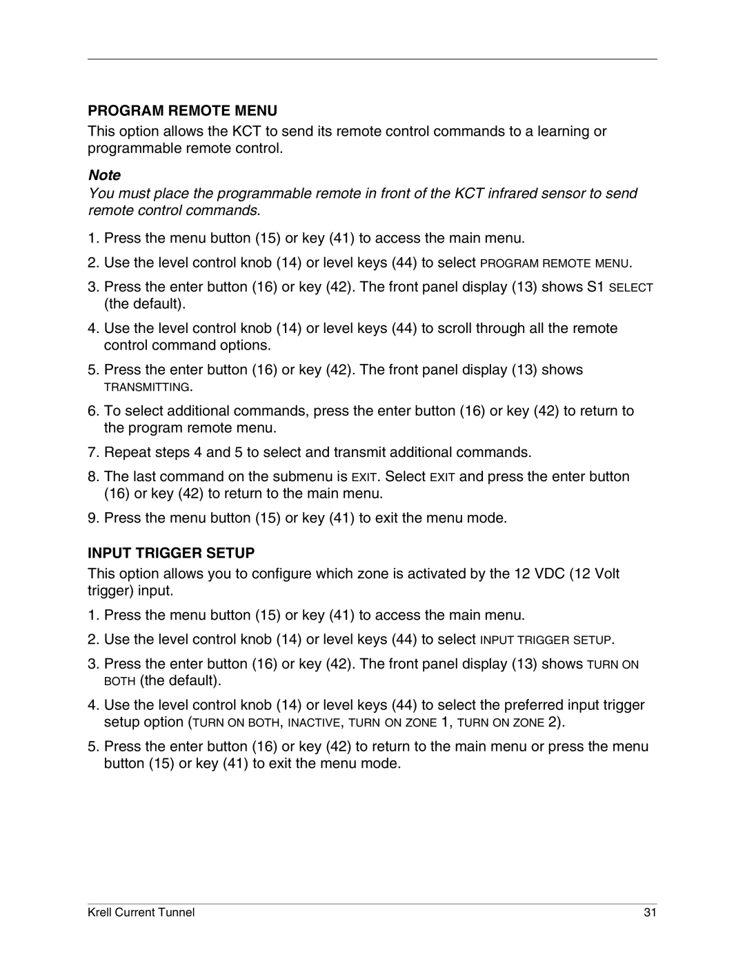 Krell Industries KCT manual Program Remote Menu, Input Trigger Setup 