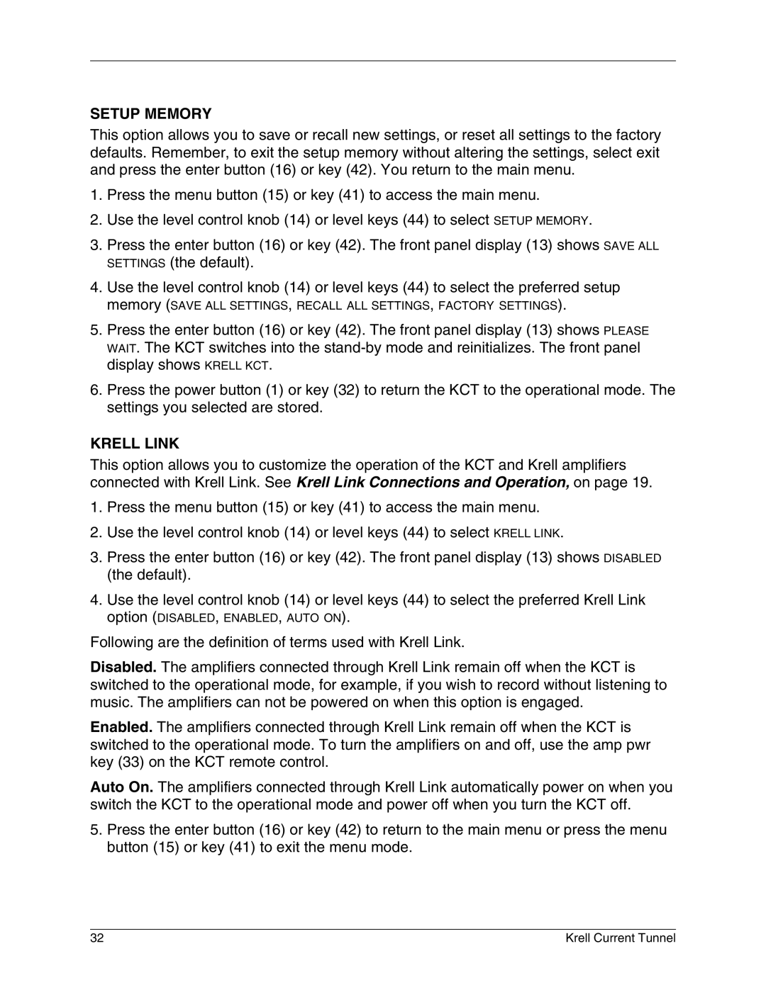 Krell Industries KCT manual Setup Memory, Krell Link 