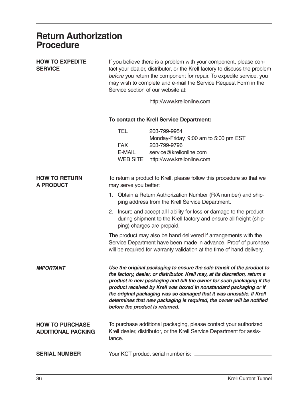 Krell Industries KCT manual Return Authorization Procedure 