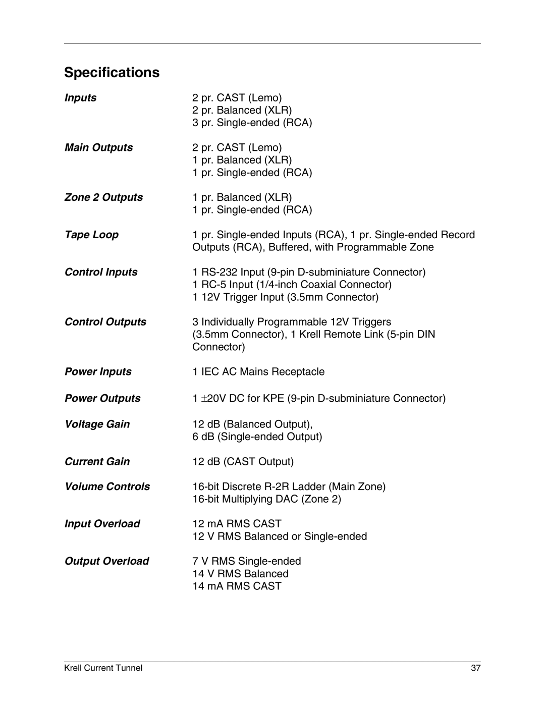 Krell Industries KCT manual Specifications, Tape Loop 