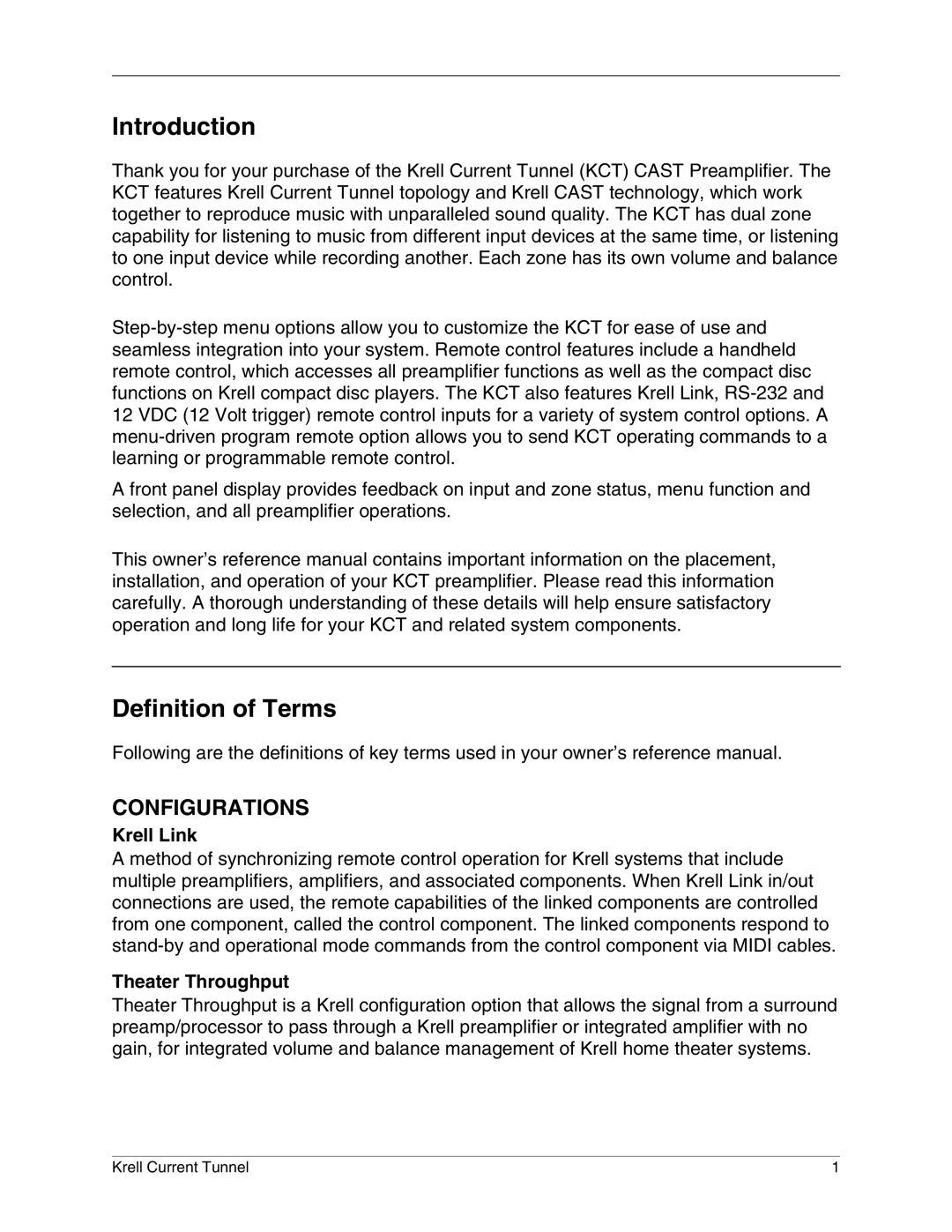 Krell Industries KCT manual Introduction, Definition of Terms, Krell Link, Theater Throughput 