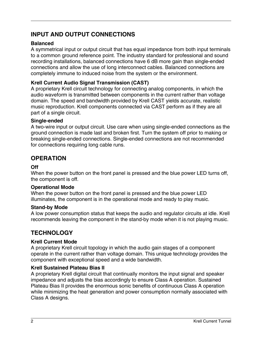 Krell Industries KCT manual Balanced, Krell Current Audio Signal Transmission Cast, Single-ended, Off, Operational Mode 