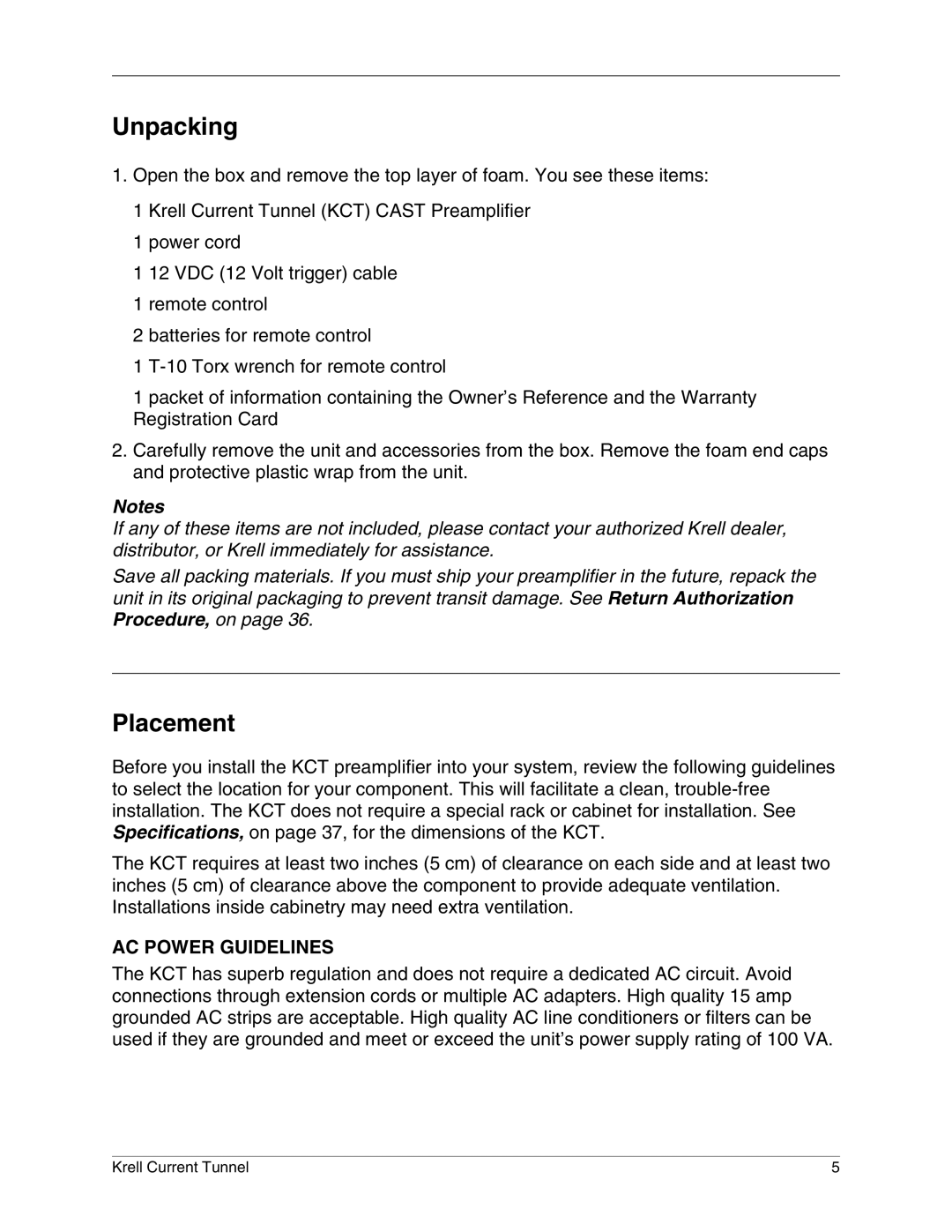 Krell Industries KCT manual Unpacking, Placement, AC Power Guidelines 