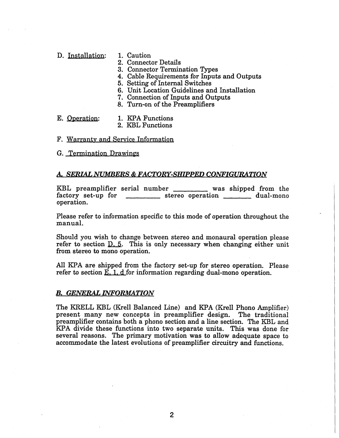 Krell Industries KBL, KPA owner manual Serial Numbers & FACTORY-SHIPPED Configuration, General Information 