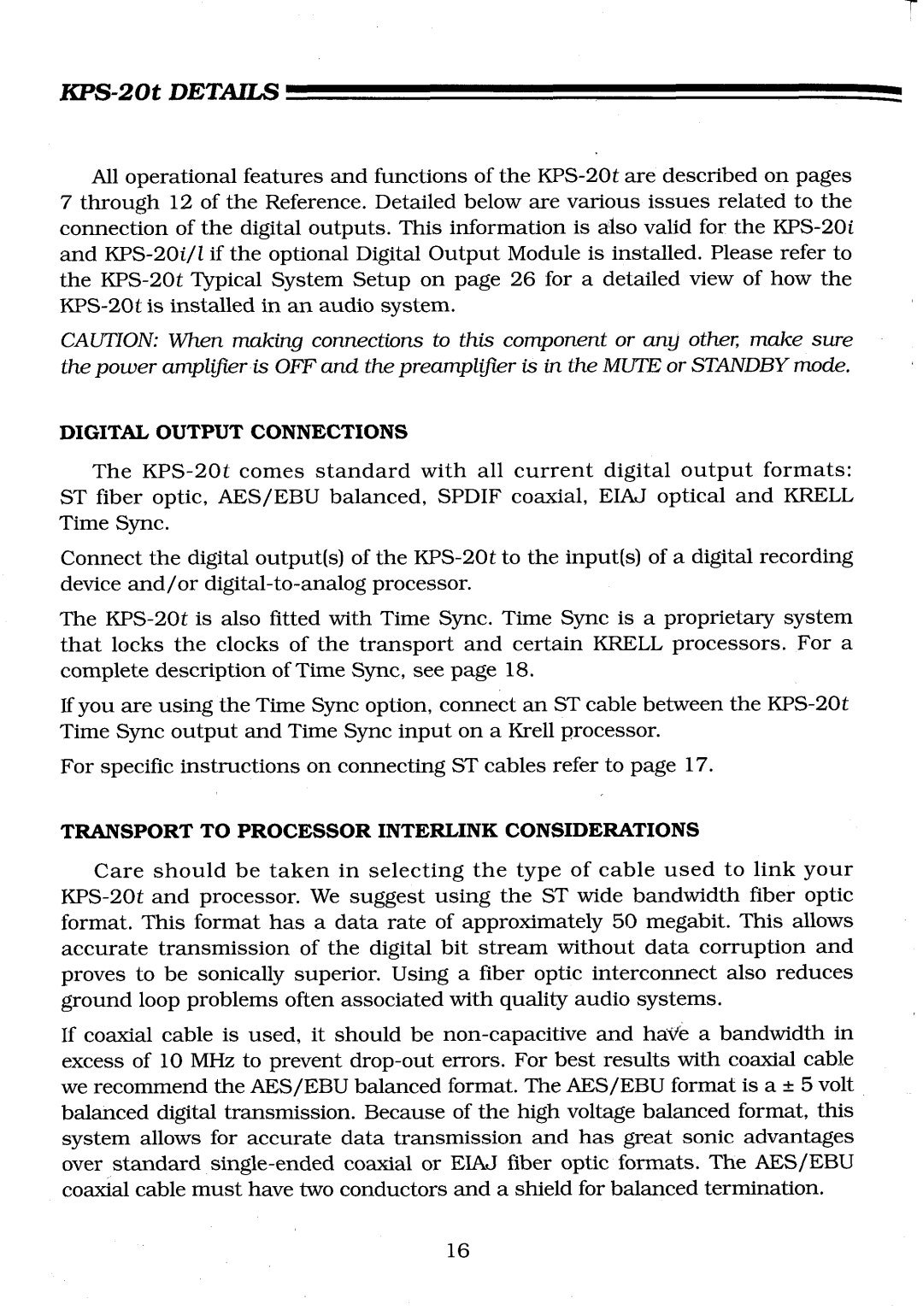 Krell Industries KPS-20i KPS-20t Details, Digital Output Connections, Transport to Processor Interlink Considerations 