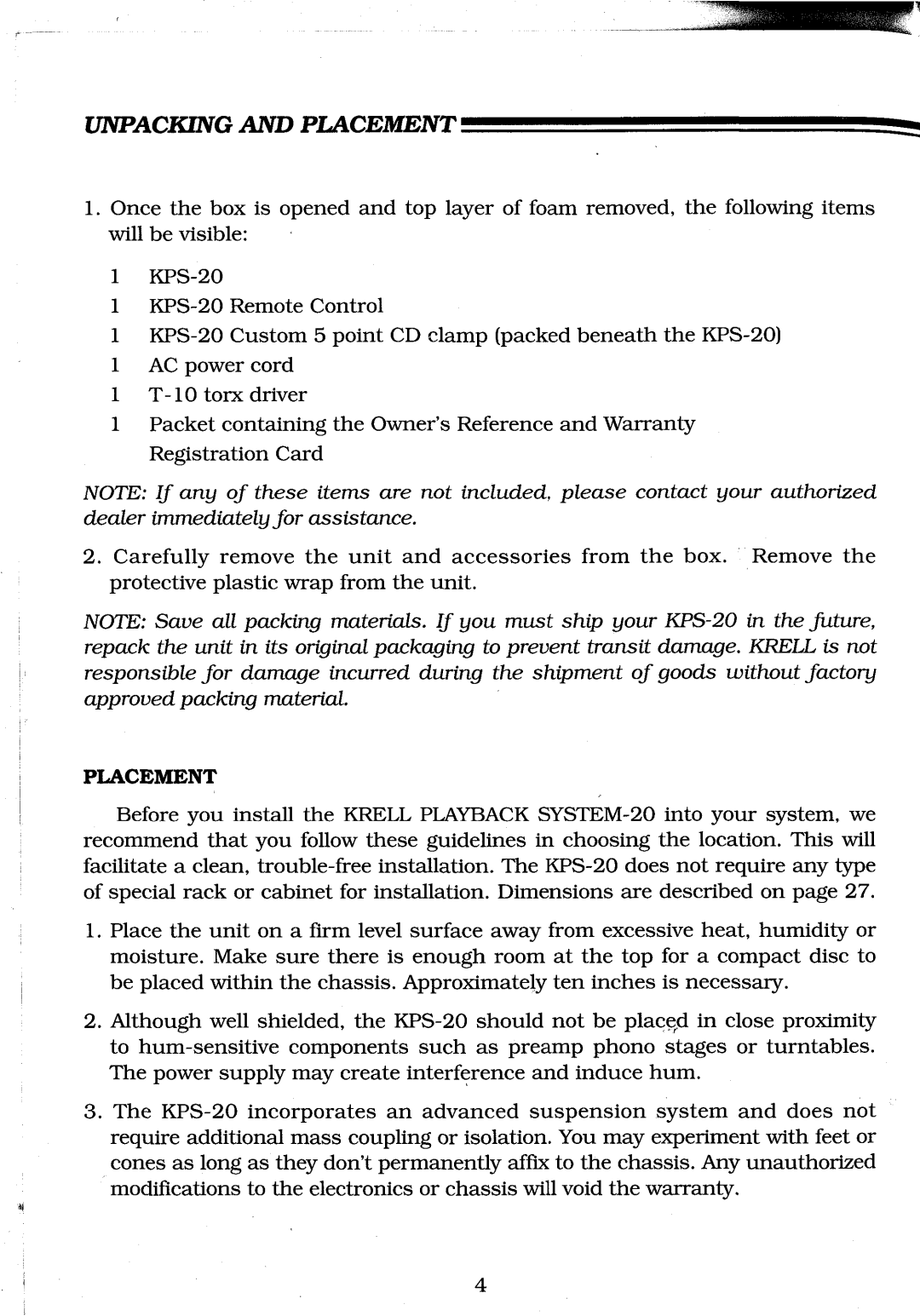 Krell Industries KPS-20t, KPS-20i/l manual Unpacking and Placement 