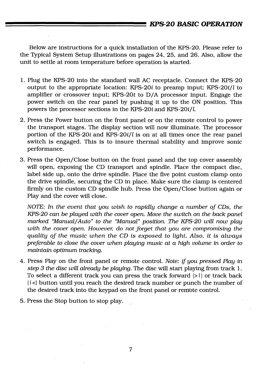 Krell Industries KPS-20t, KPS-20i/l manual KPS-20 Basic Operation, Input KPS-20i/I to 
